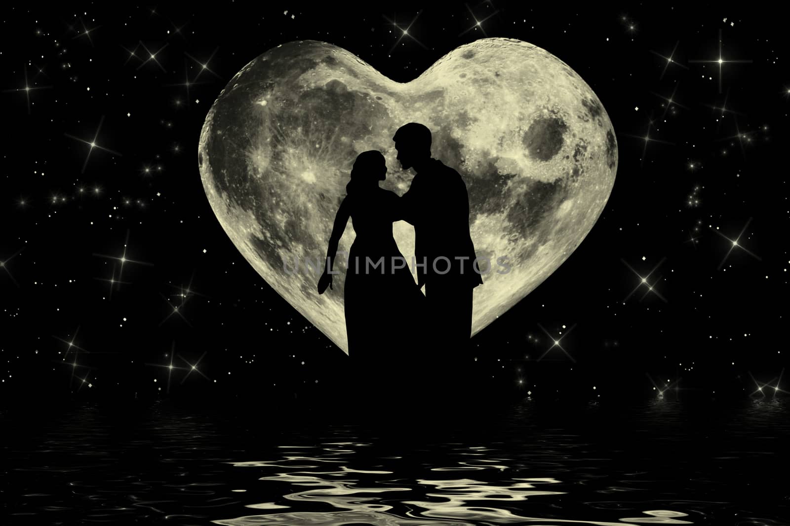 Romantic valentine atmosphere with couple enjoying in the  heart shaped moonlit