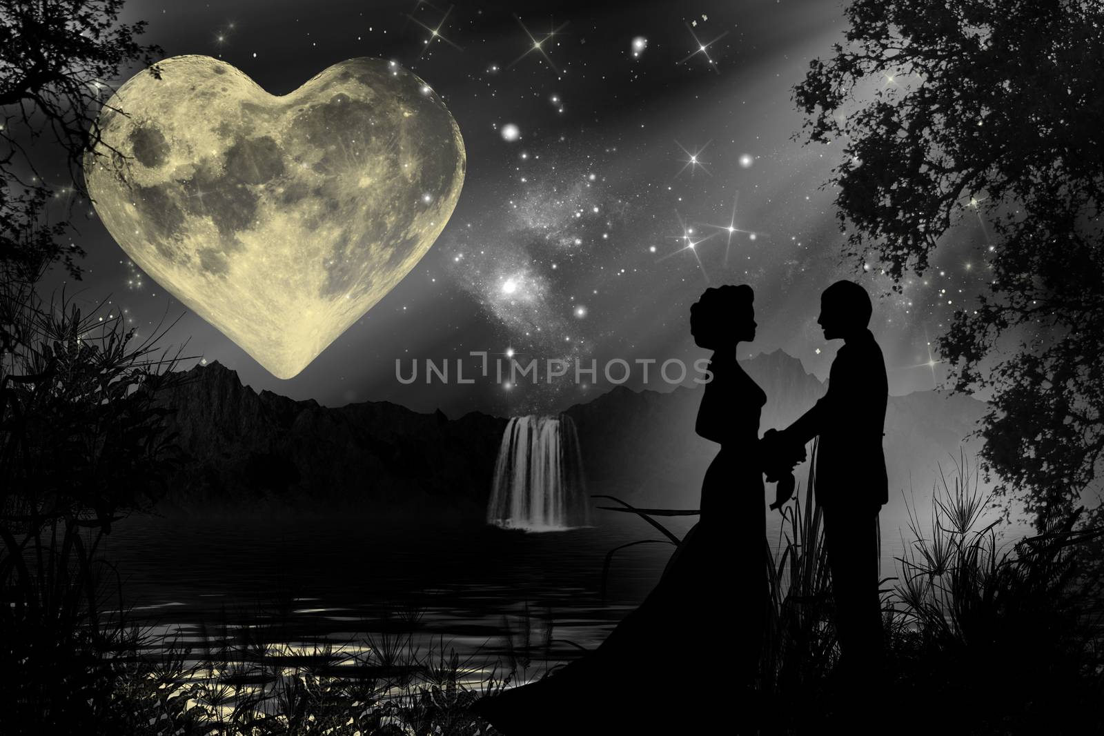 Valentine romantic atmosphere with heart shaped moon and a silhouette of a couple holding hands
