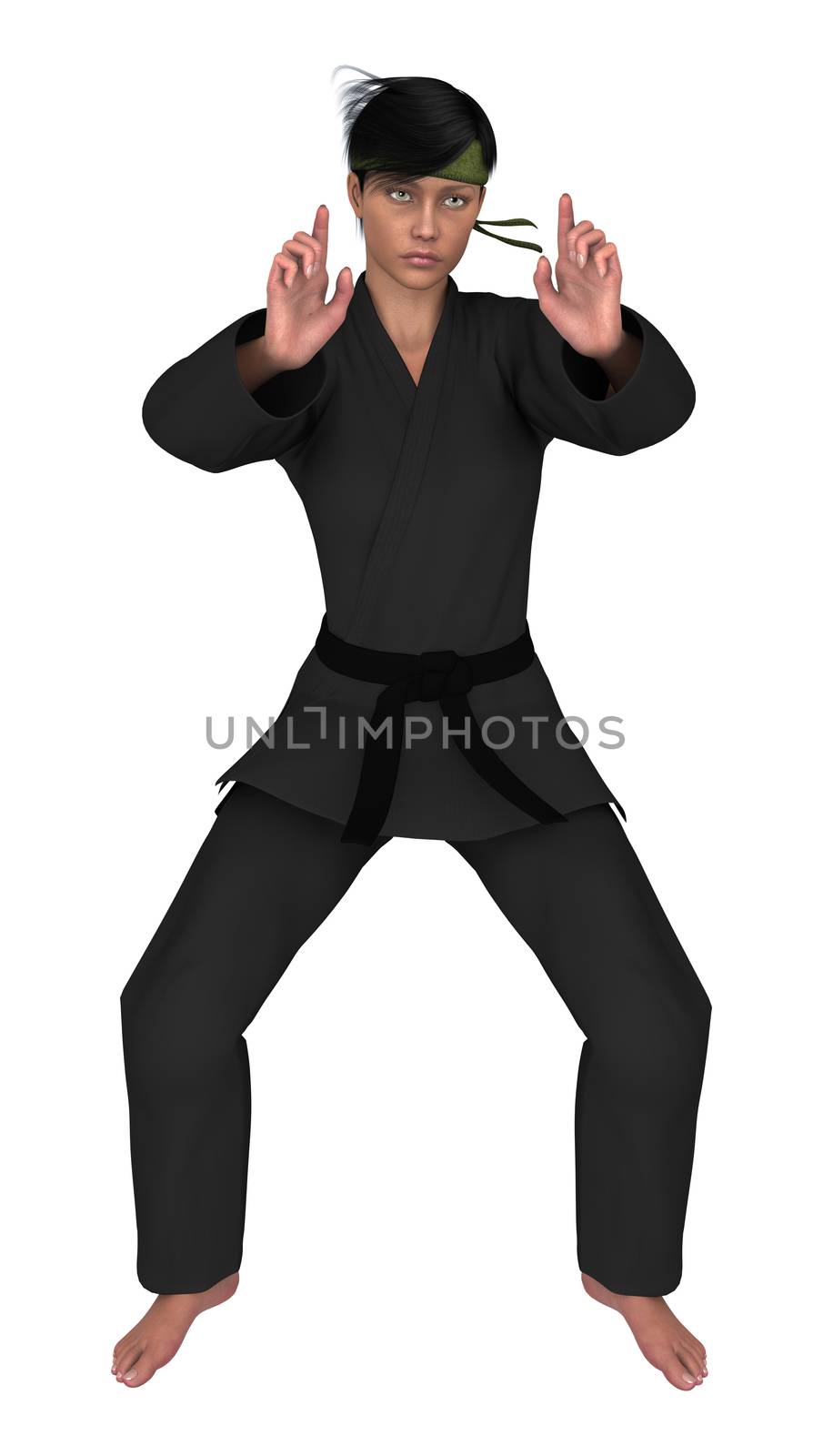 3D digital render of a young woman exercising martial arts isolated on white background