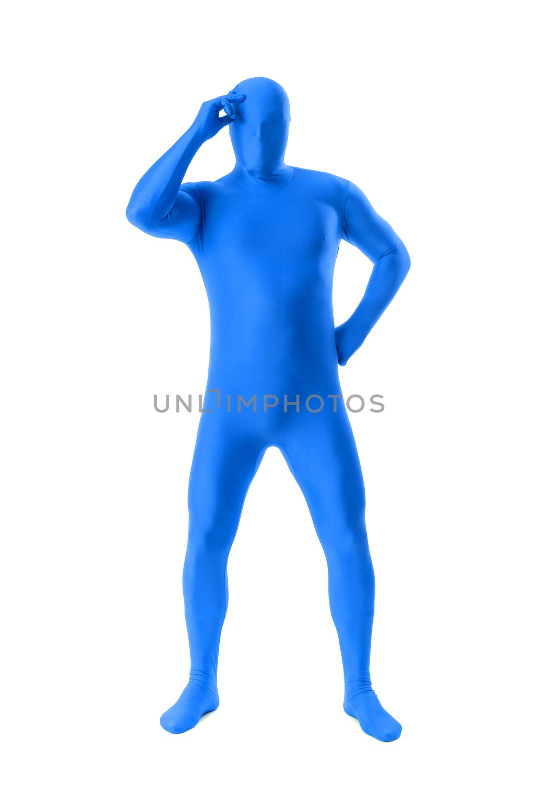 A handsome man in a blue body suit isolated on a white background