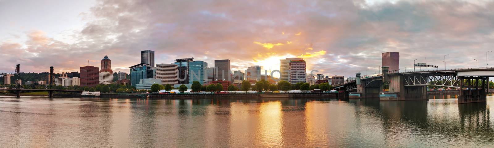 Downtown Portland cityscape in the evening at the sunset