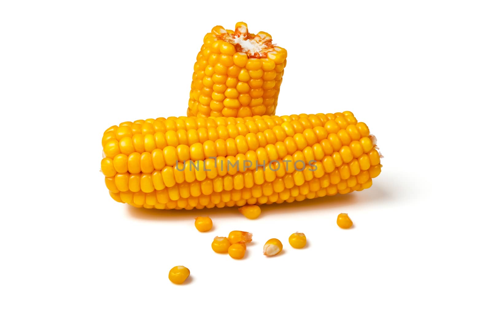Corn on the cob and a handful of grains on white background
