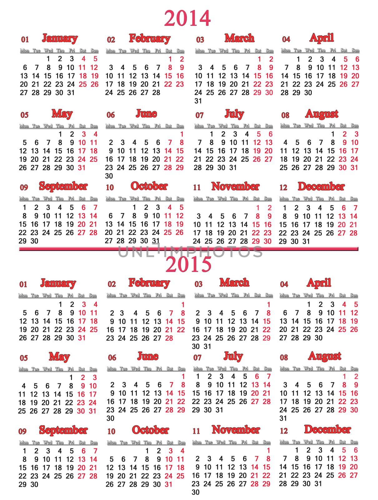 usual office calendar for 2014 - 2015 years on white background