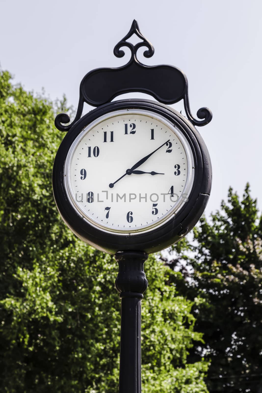 Tall town clock on black pole. Old fashioned minute and hour hands.
