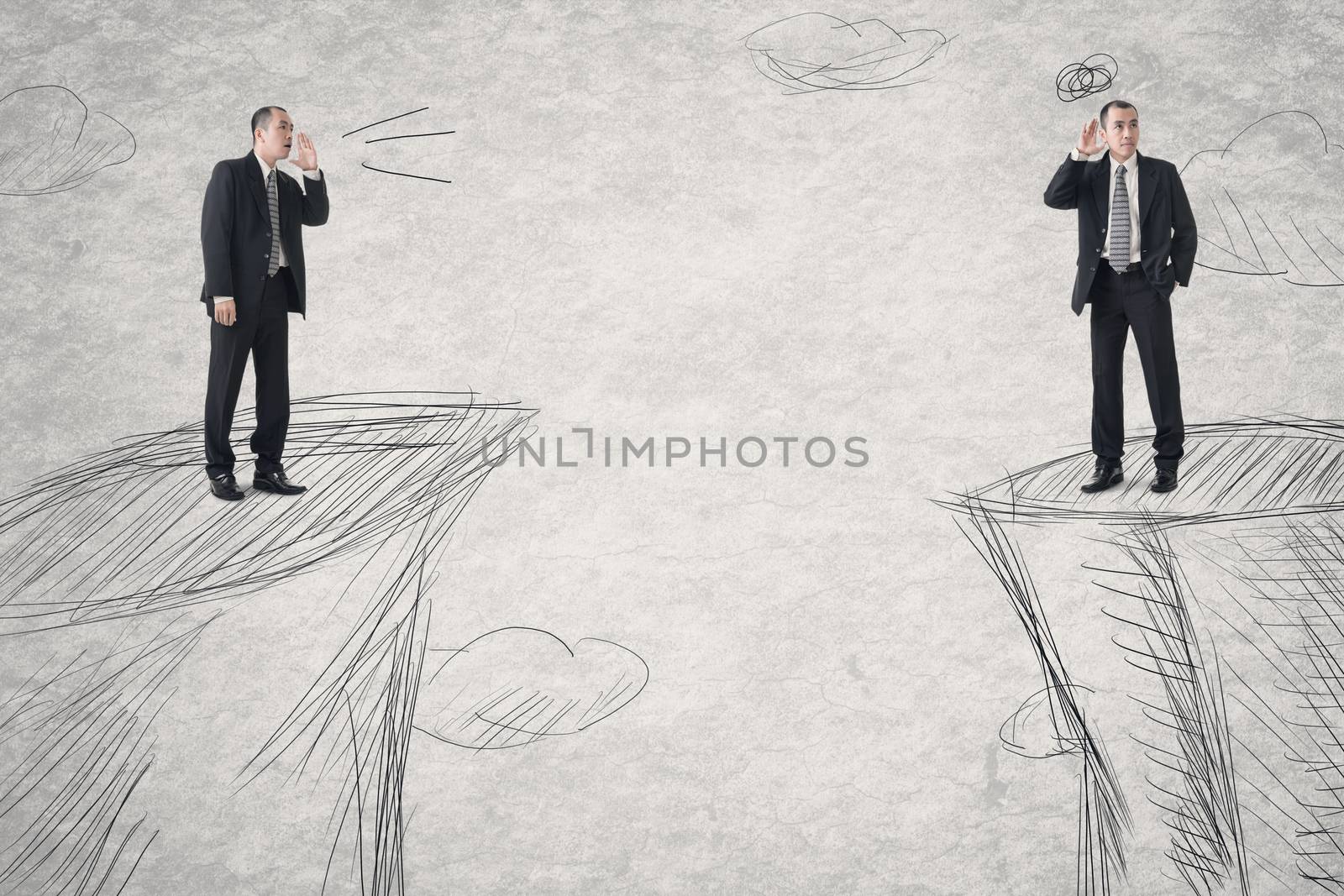 Business men communication from distance. Photo compilation with the same model and hand drawn background.
