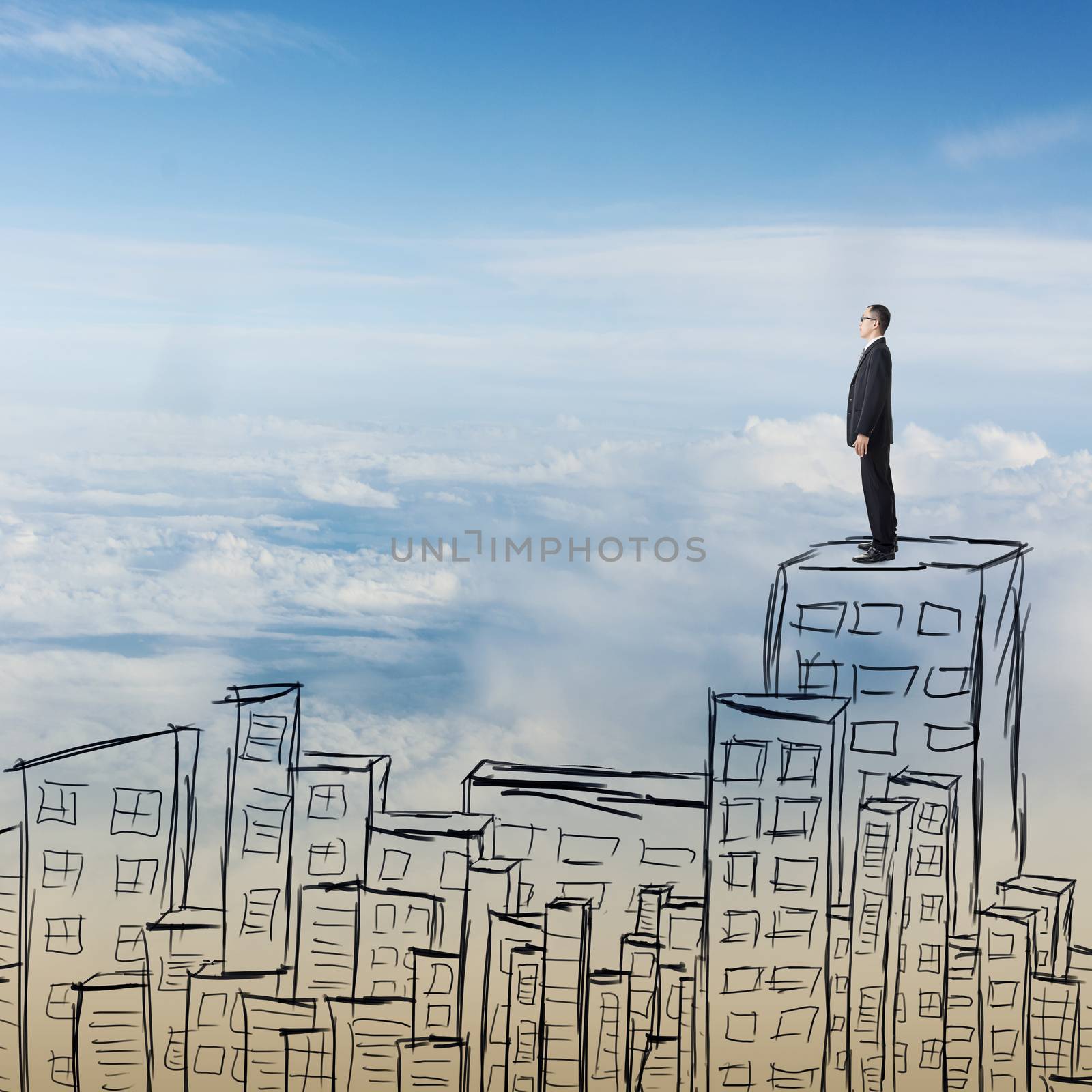Successful Asian businessman standing on a top . Photo compilation with hand drawn background.