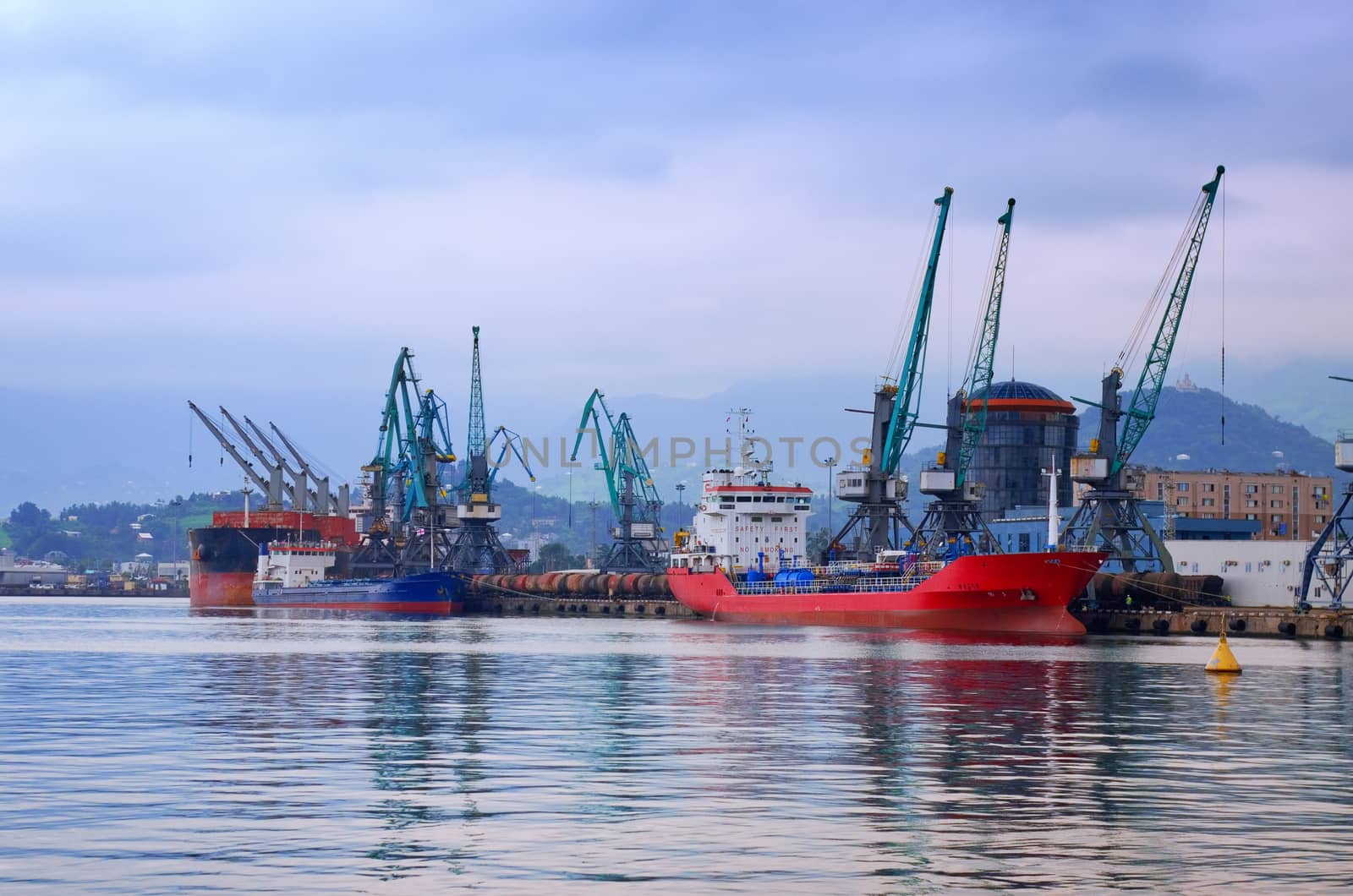 Industrial landscape of developed seaport infrastructure.