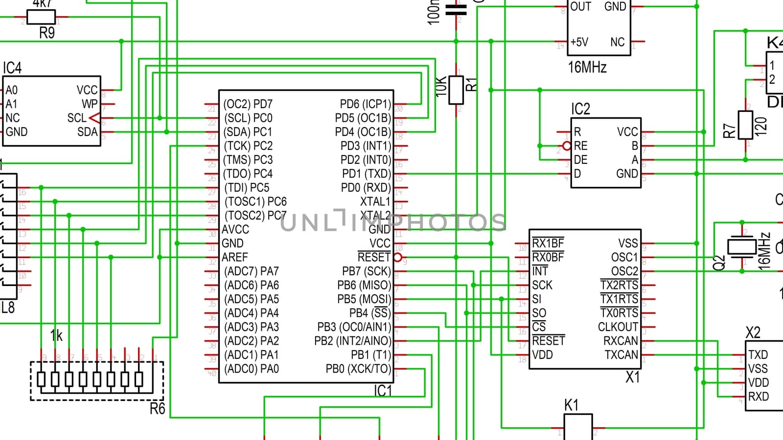 Part of Circuit Diagram in Color, showing a microcontroller and other parts