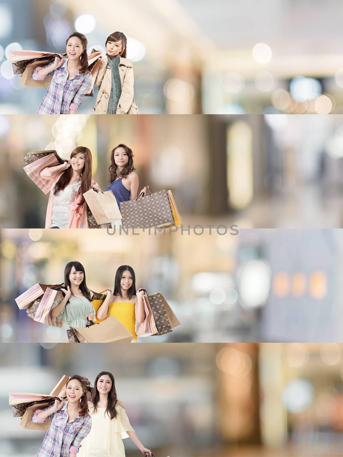 Asian woman shopping, collection from 7 different people, good for web advertisement or the bar.