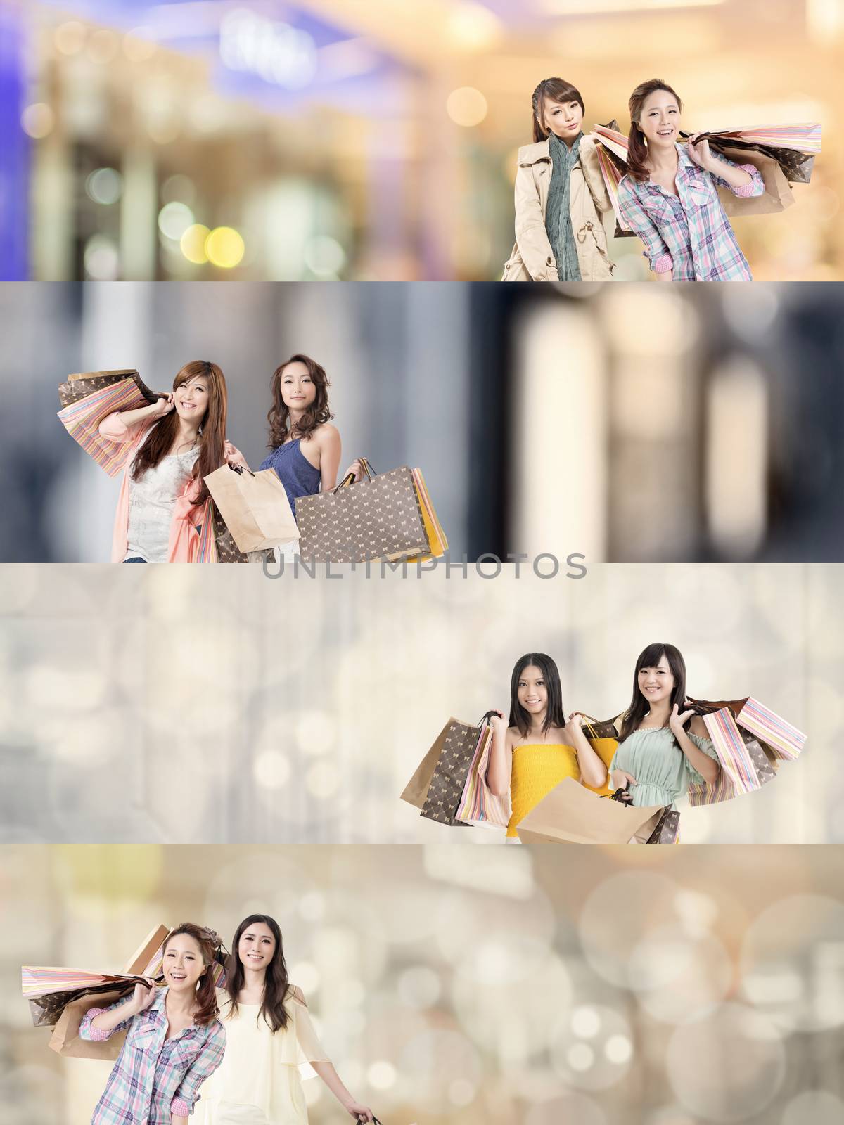 Asian woman shopping, collection from 7 different people, good for web advertisement or the bar.