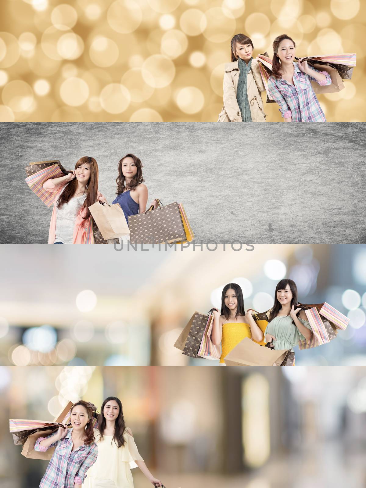 Asian woman shopping, collection from 7 different people, good for web advertisement or the bar.