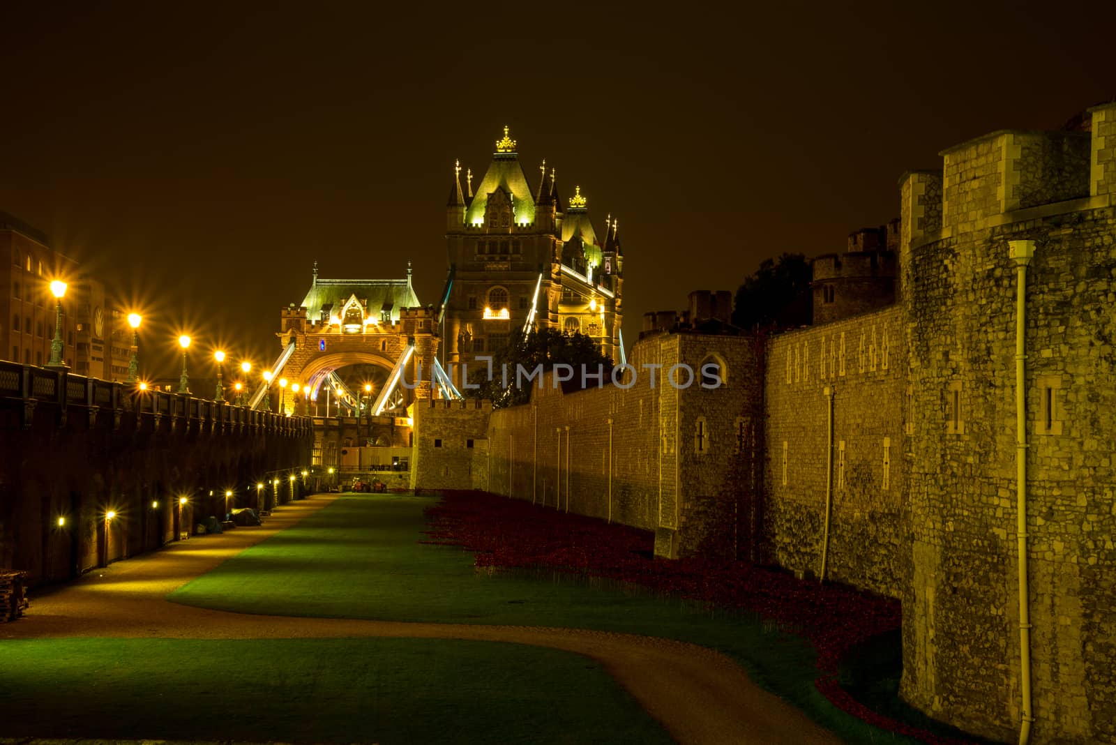 Night view on London famous landmark Tower Bridge on river Thames