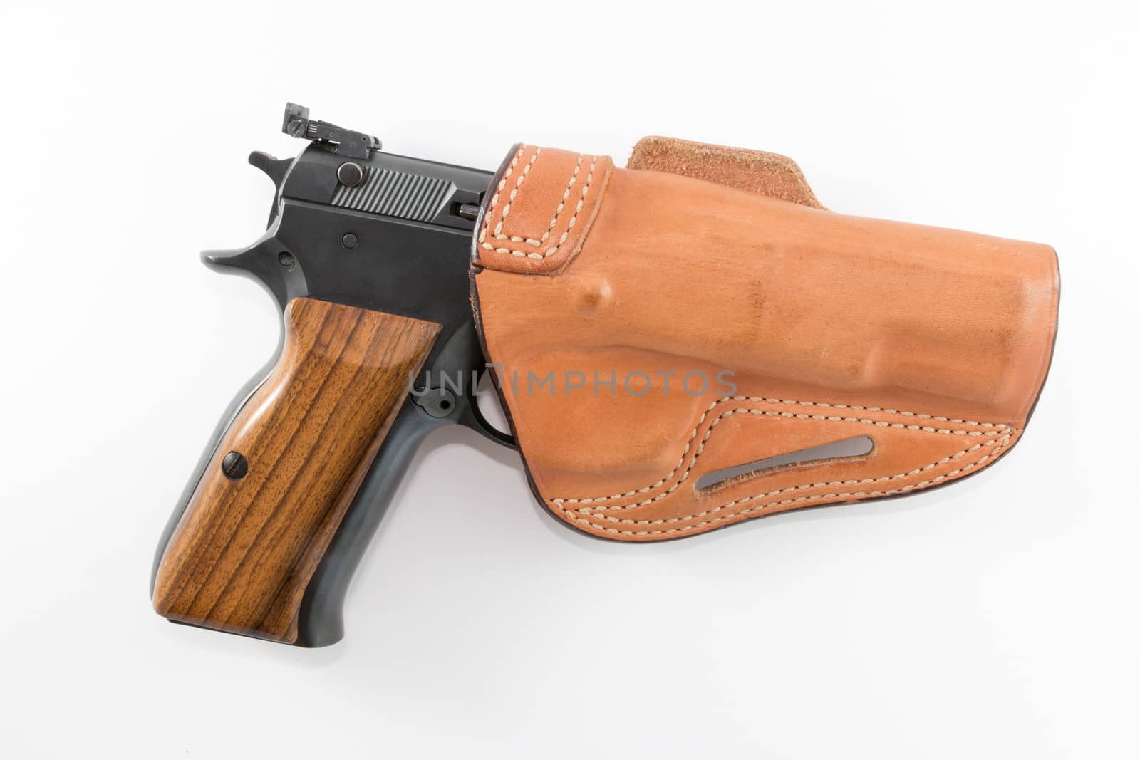 9mm Parabellum pistol, brown handle with light brown leather holster against white background