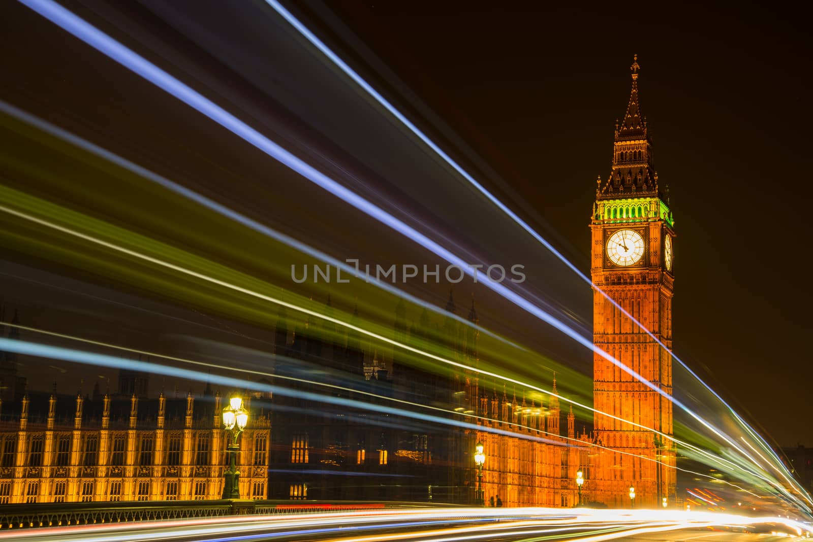 NIght view on London most famous landmark Big Ben and Parliament House on river Thames