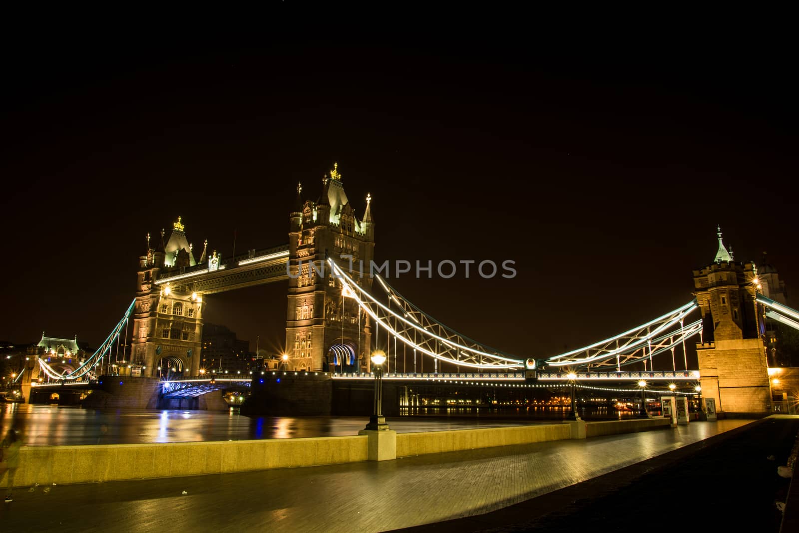 Night view on London famous landmark Tower Bridge on river Thames