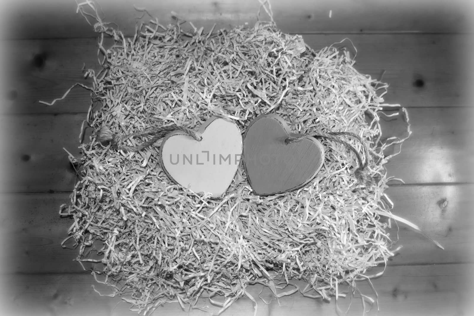 two blank grey wooden love hearts in a love nest made of straw with copy space