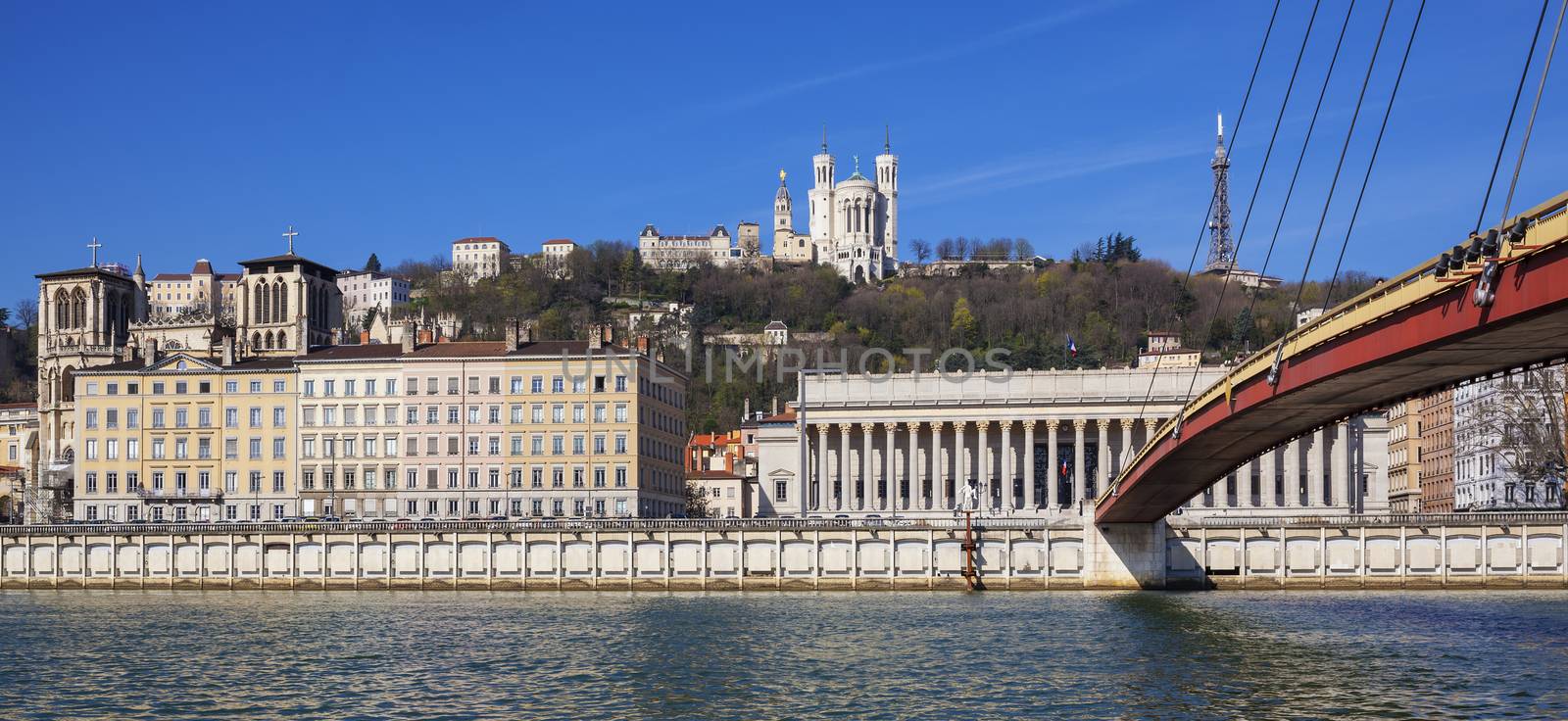 Panoramic view of Lyon and Saone River in France, Europe.