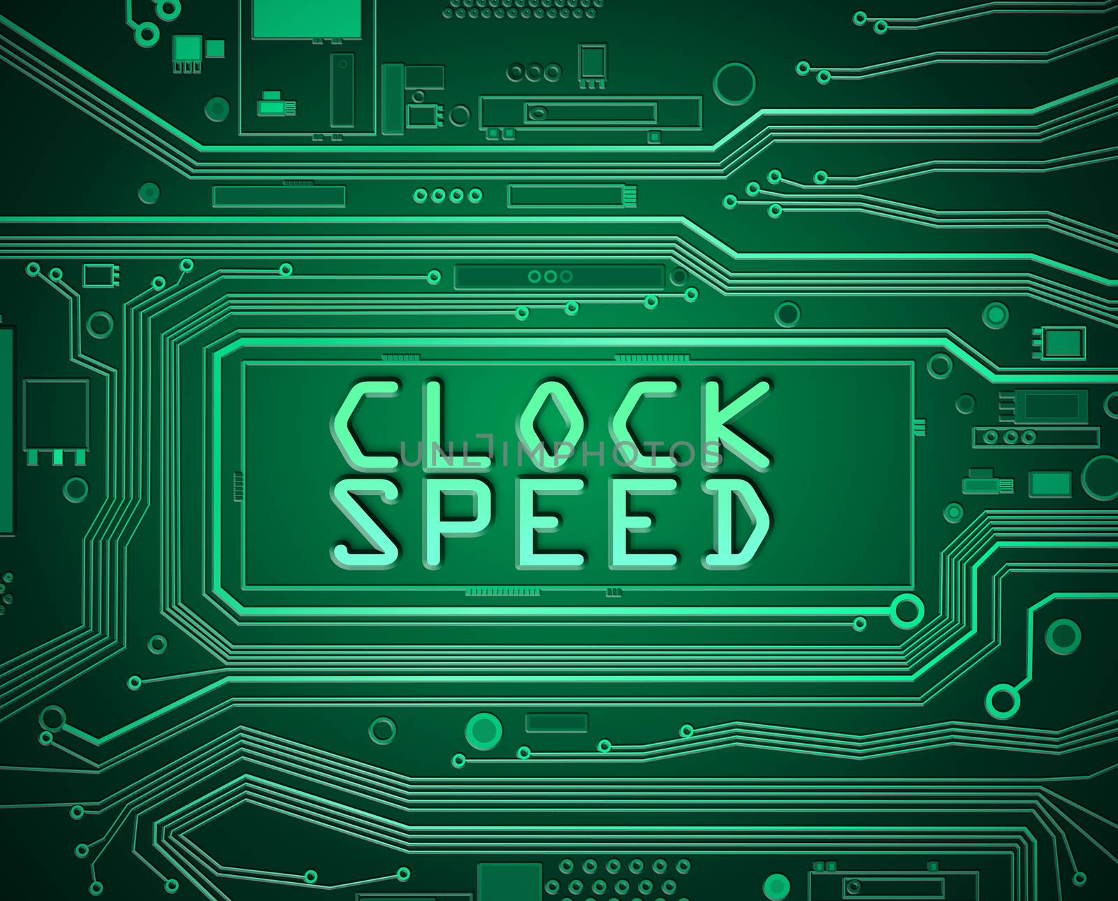 Abstract style illustration depicting printed circuit board components with a clock speed concept.