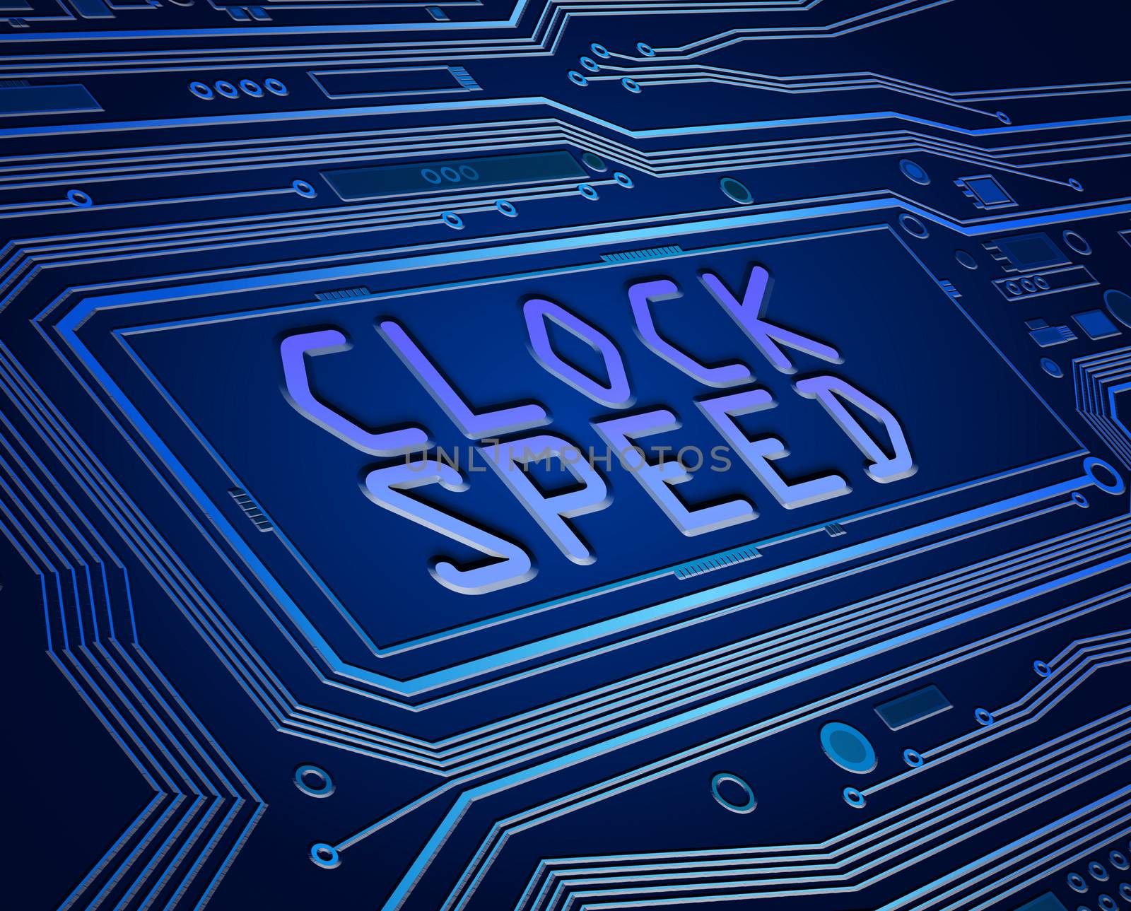 Abstract style illustration depicting printed circuit board components with a clock speed concept.