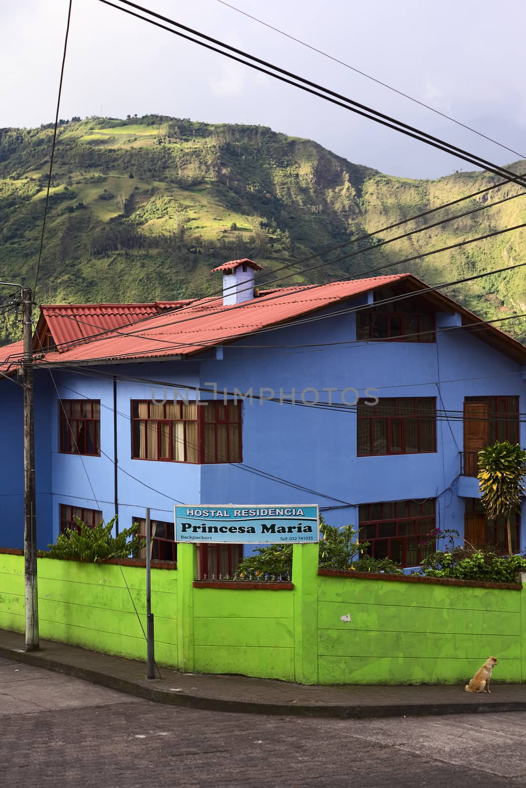 BANOS, ECUADOR - AUGUST 1, 2014: Hostal Residencia Princesa Maria at the corner of Vicente Rocafuerte and Juan Leon Mera streets on August 1, 2014 in Banos, Ecuador. Banos is a small touristy town in Central Ecuador with many hostels. 