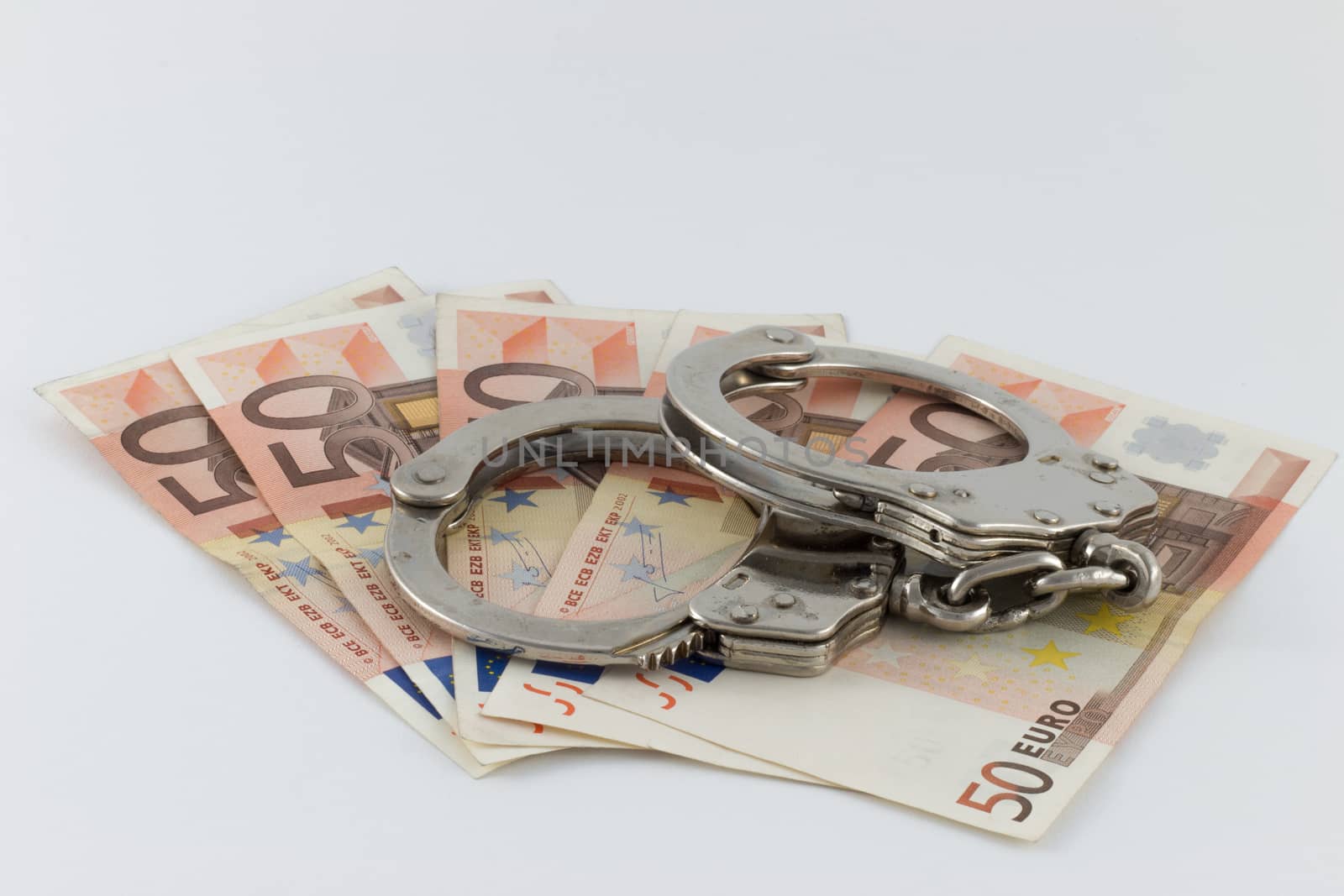 Economic crime, handcuffs with signs of usage on money bills