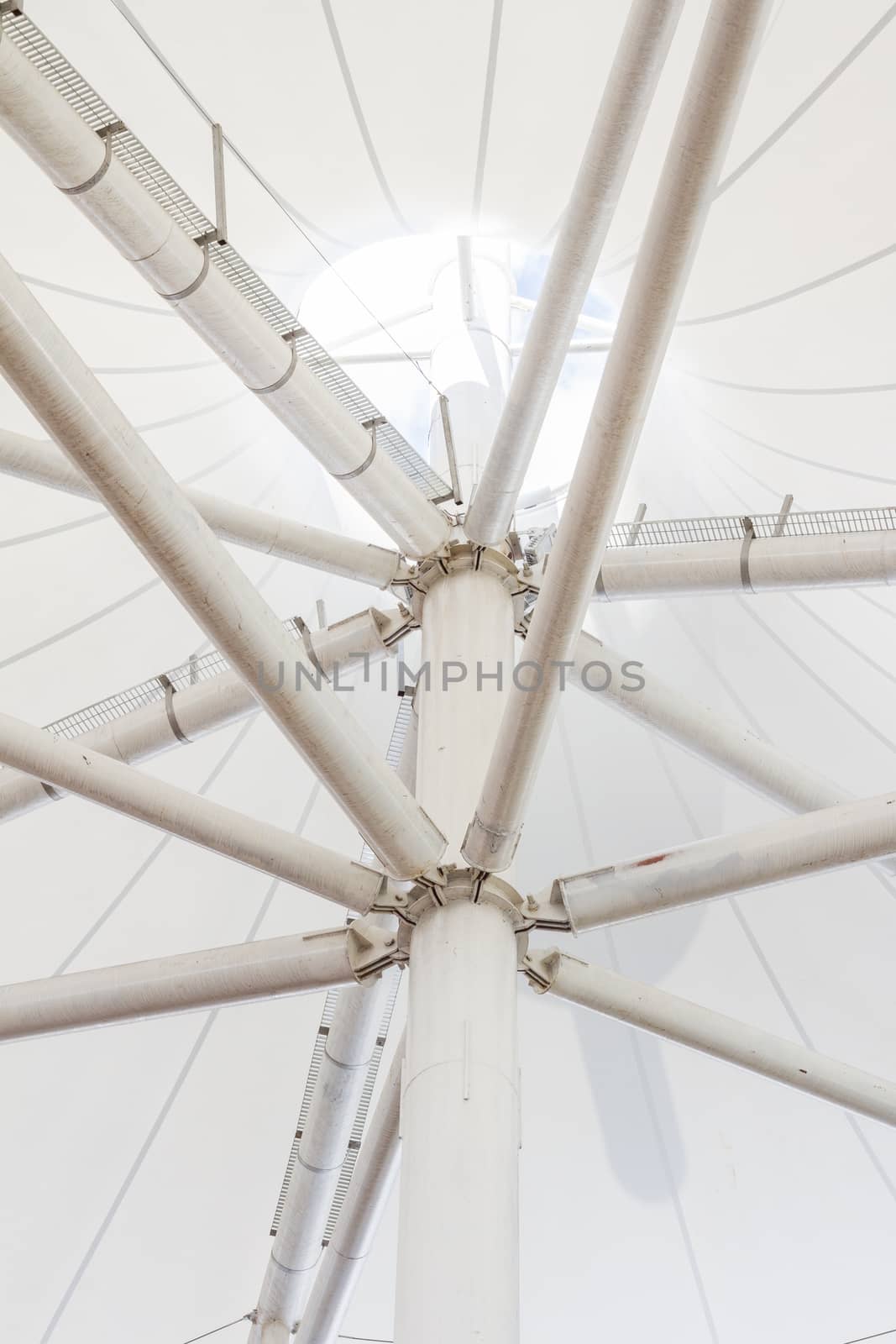 Low angle view of steel structure pillar of modern building roof