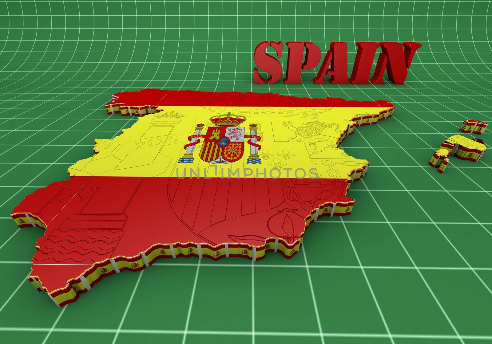 3D map illustration of SPAIN with flag