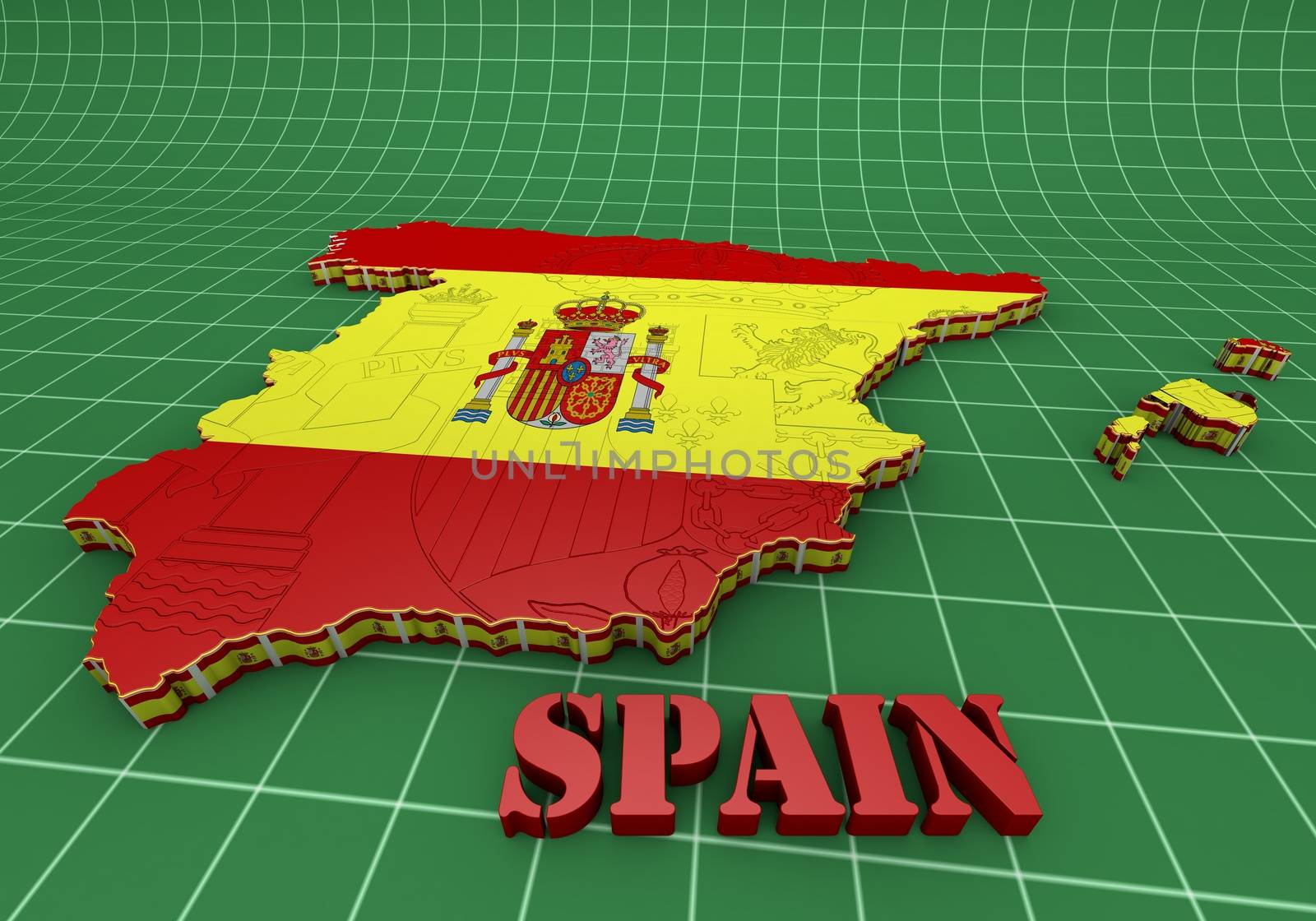 3D map illustration of SPAIN with flag