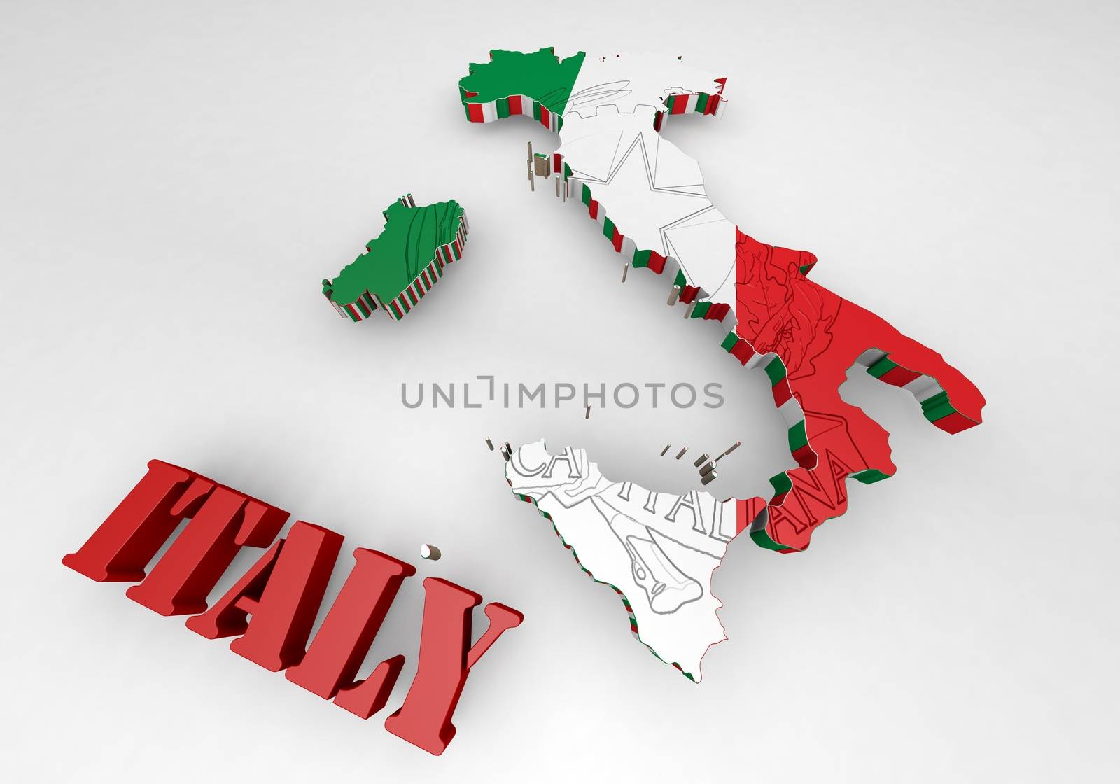 3D Map illustration of Italy with flag