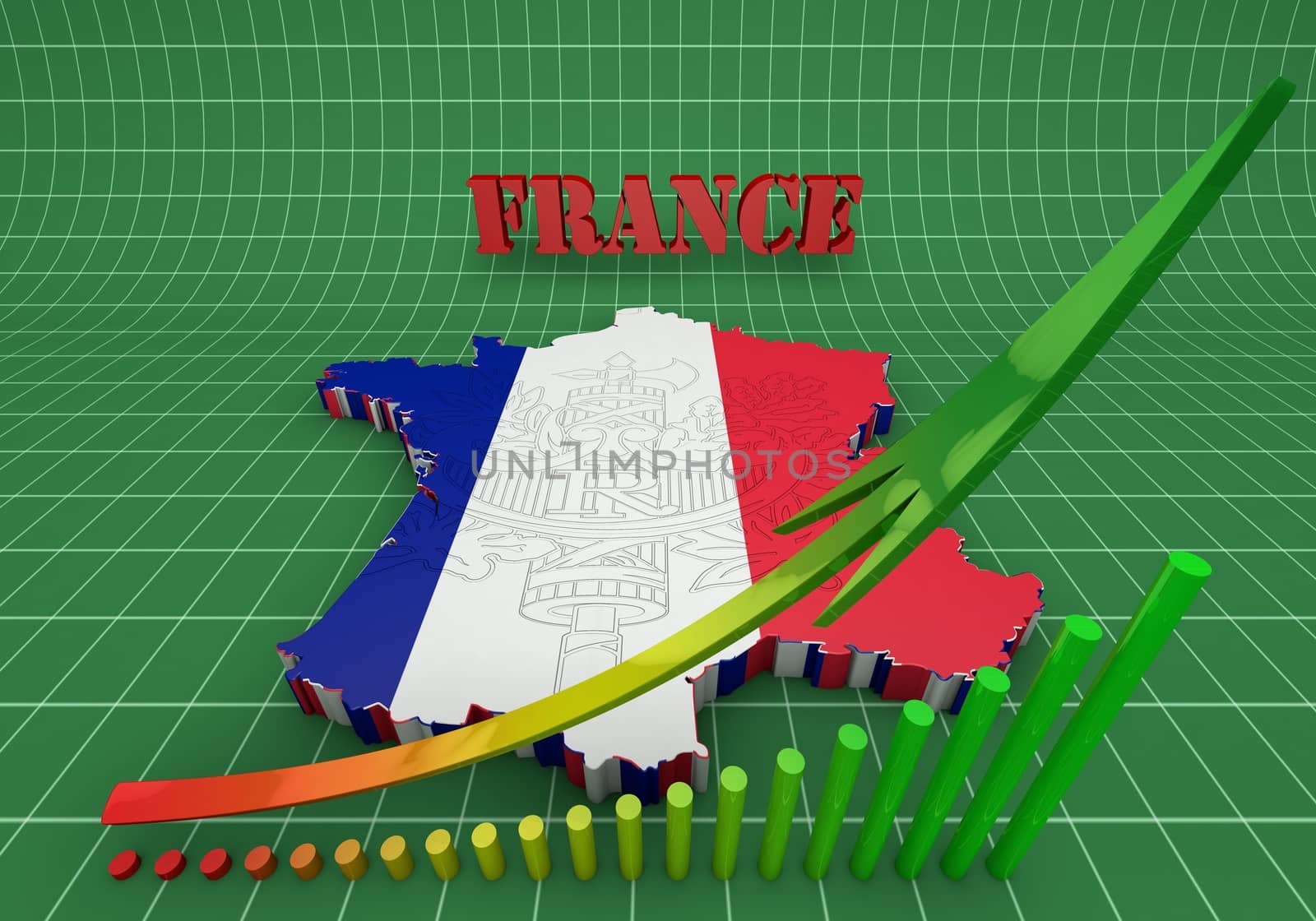 Map of France with flag colors. 3d render illustration.