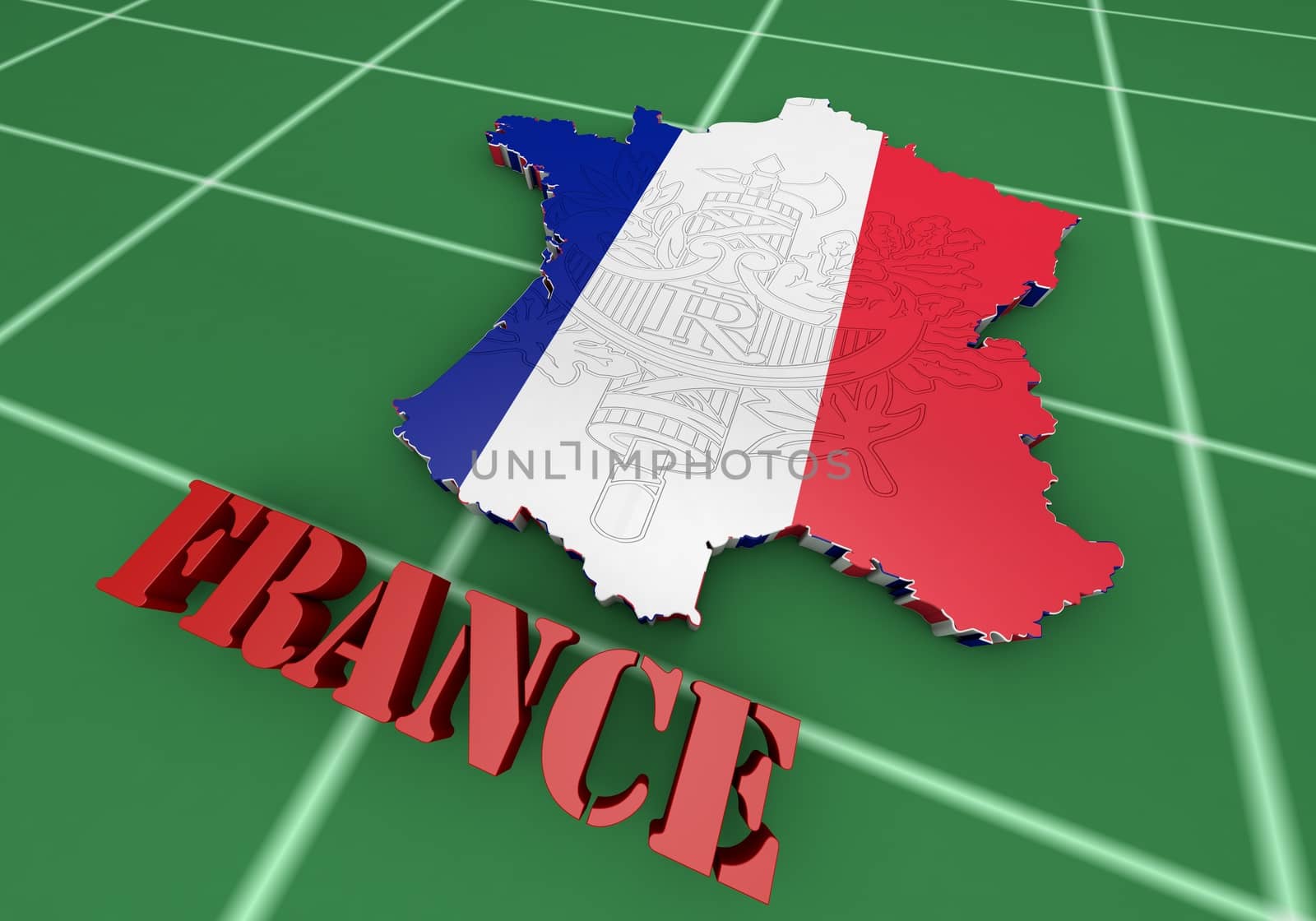 Map of France with flag colors. 3d render illustration.