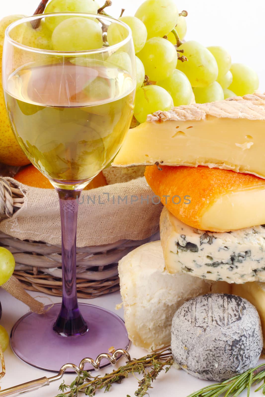 French Cheese, wine and fruits conceptual composition