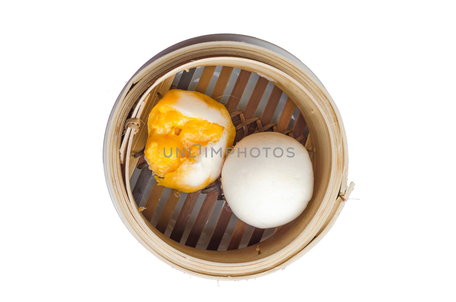 Dim Sum in Bamboo Steamed Bow isolated white background by nopparats