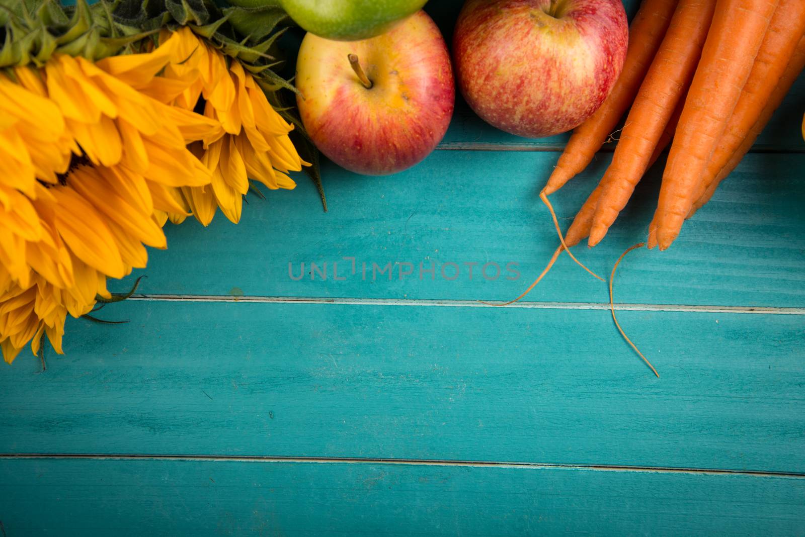 Farm fresh organic vegetables on rustic wooden blue table background