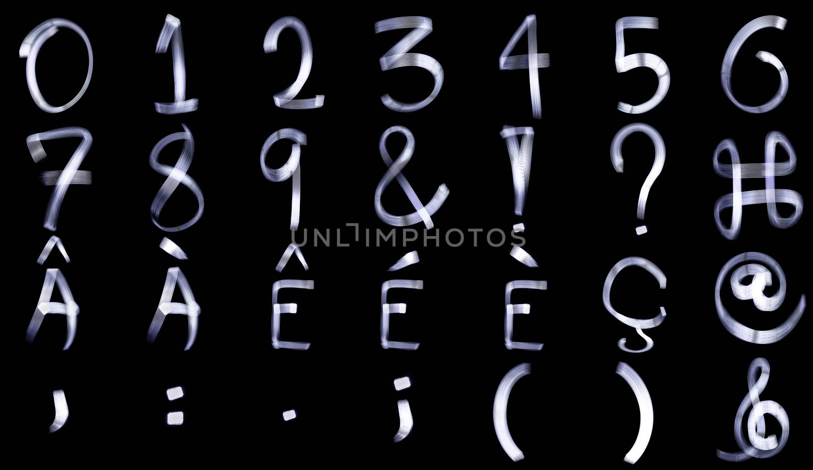 Light Painting Special Characters for French Language and Numerals Alphabets