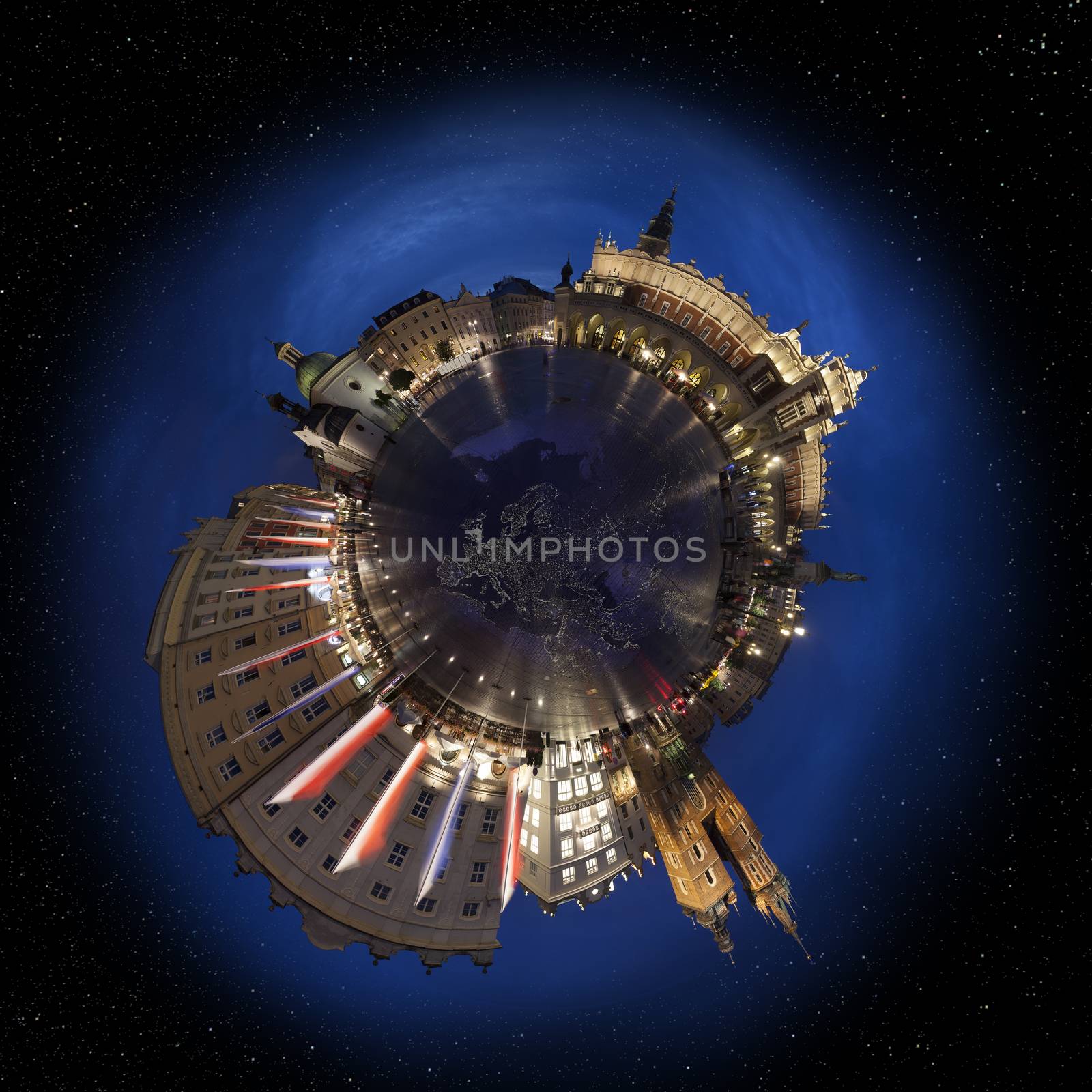 Krakow old town main market square at night, 360 degree miniplanet (Elements of this image furnished by NASA)