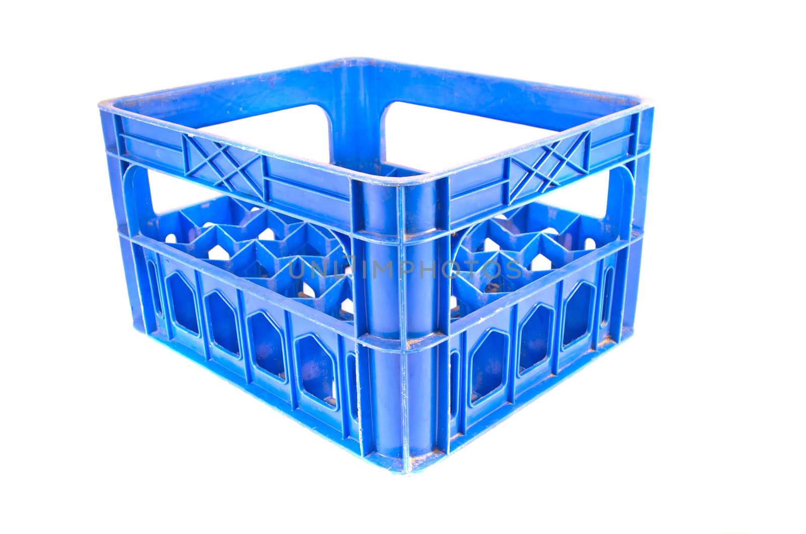blue plastic storage box crate on a white background