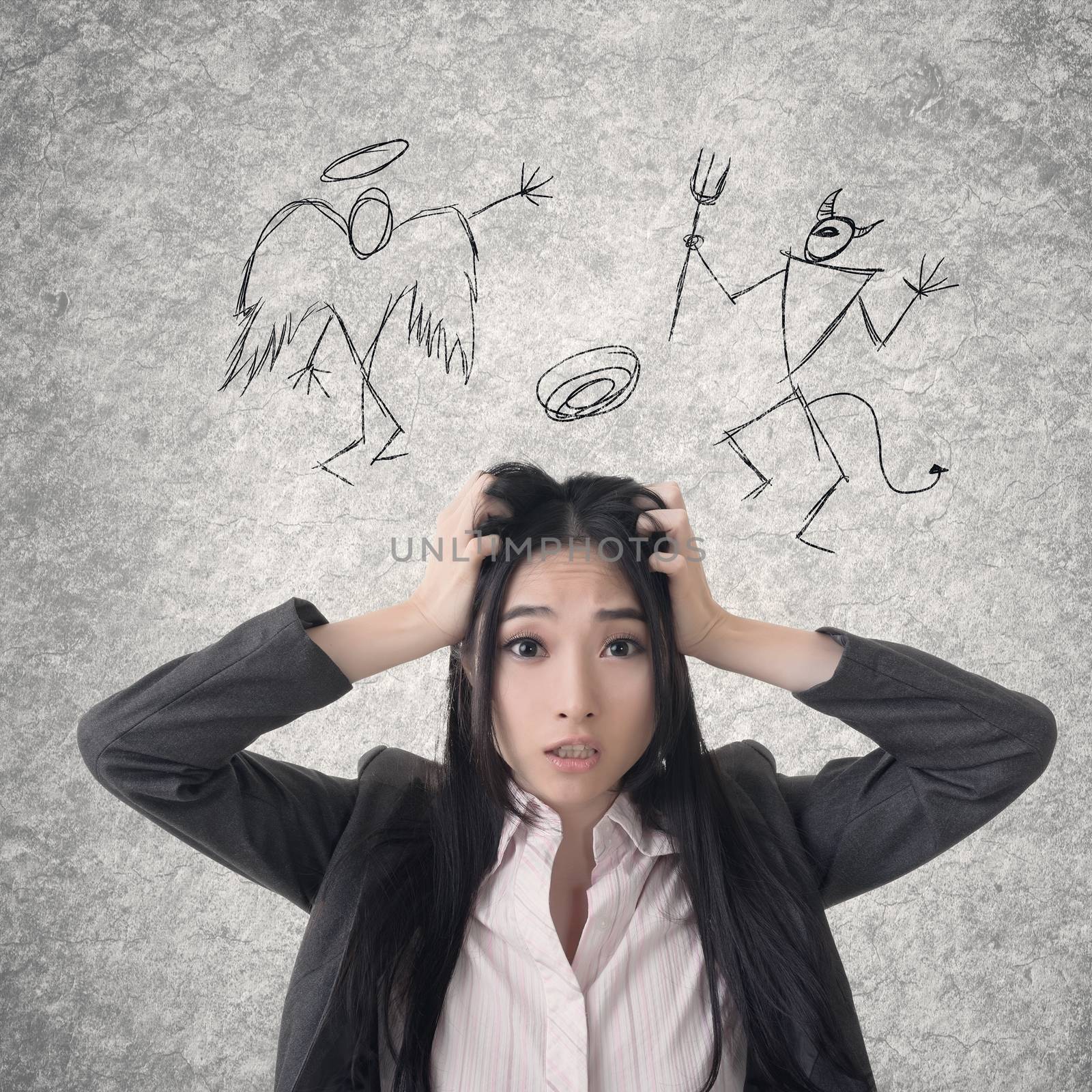 Confused Asian business woman. Photo compilation with hand drawn background.
