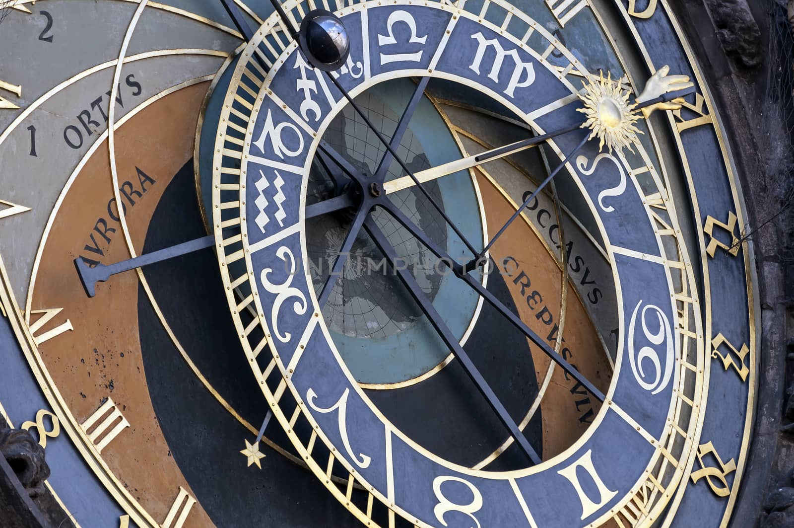 Close up view of the astronomical clock of Prague, Czech Republic.