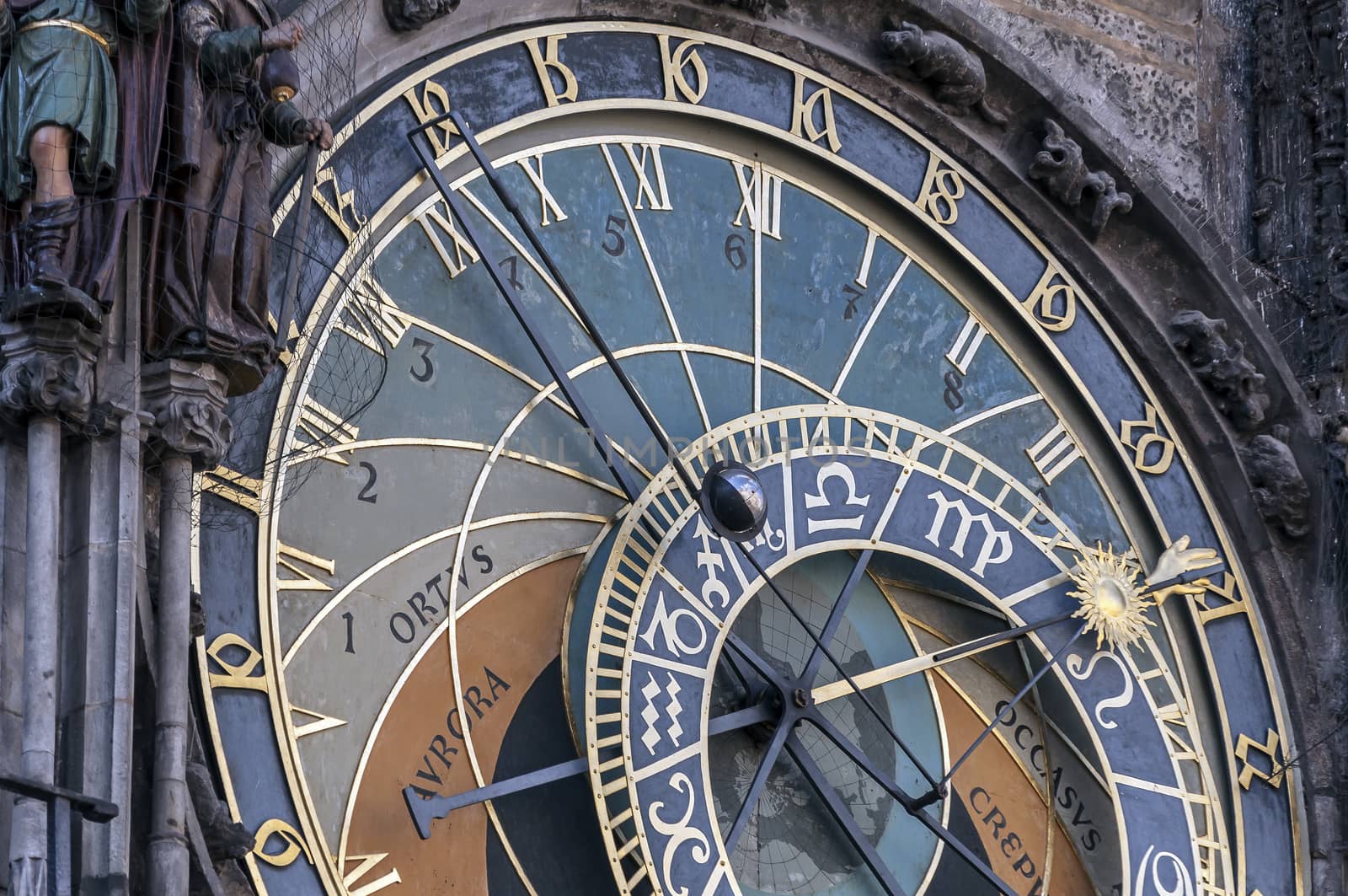 Close up view of the astronomical clock of Prague, Czech Republic.