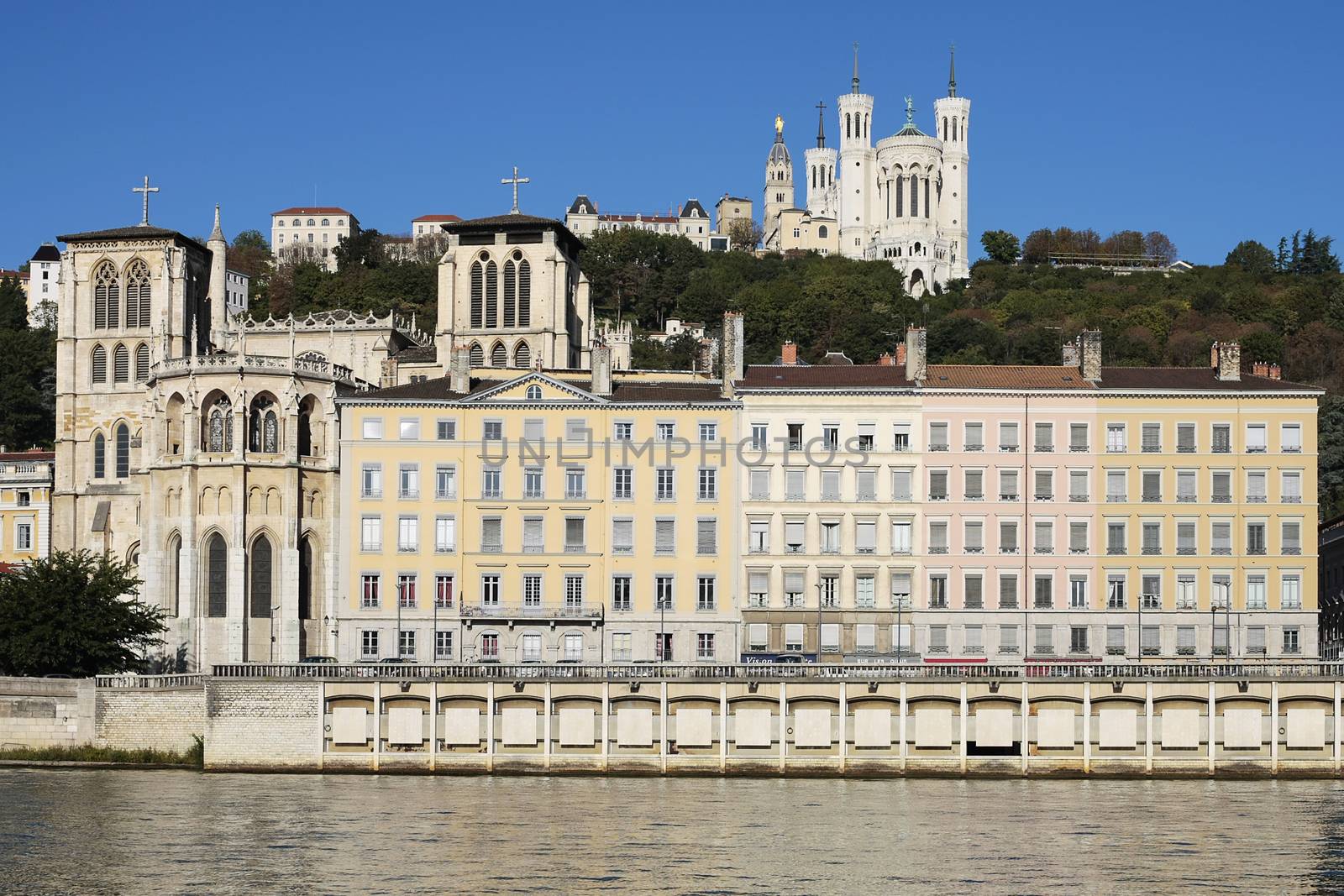 Lyon with basilica, cathedral and Saone river, France