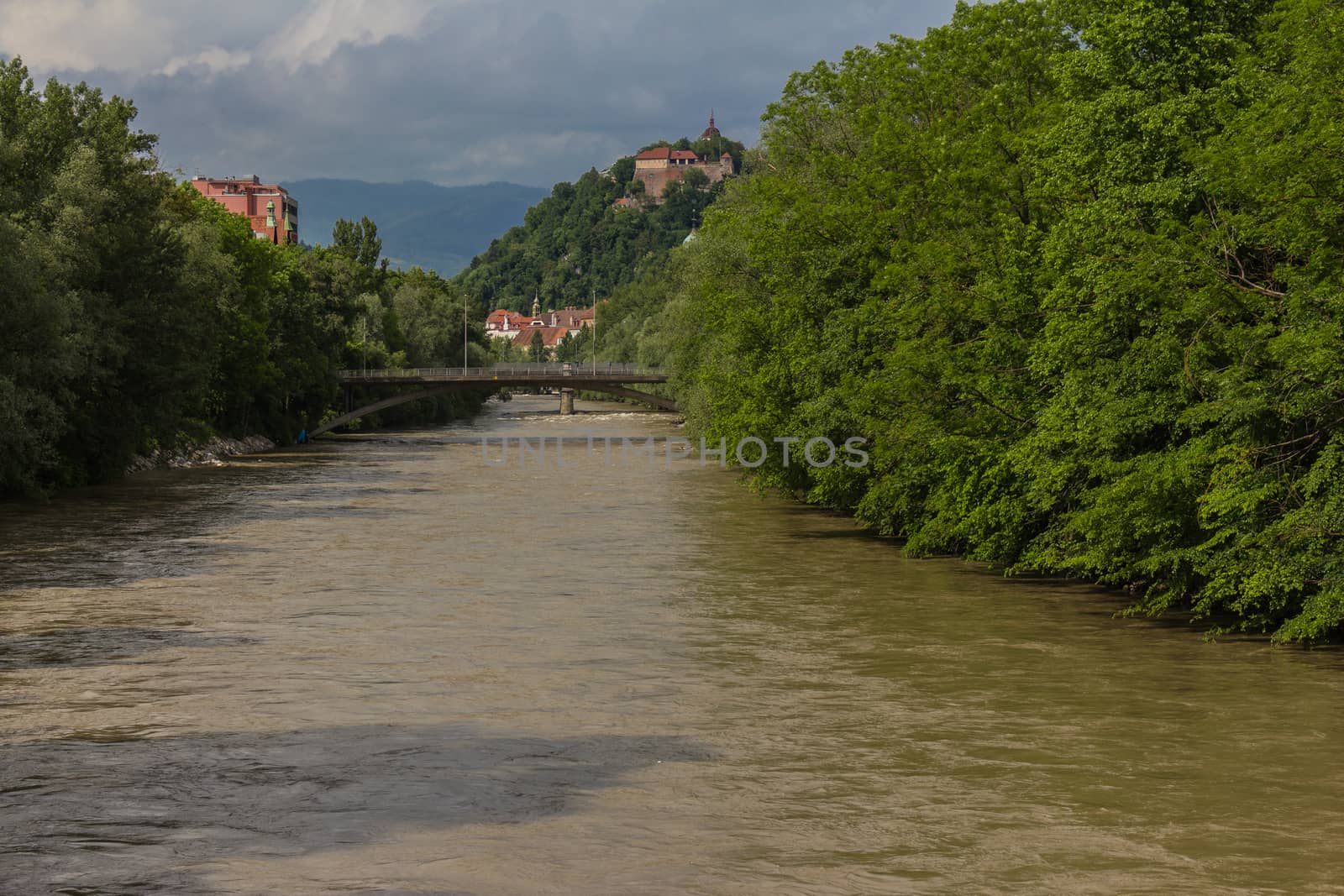 View from the Mur on the Schlossberg in Graz, Austria