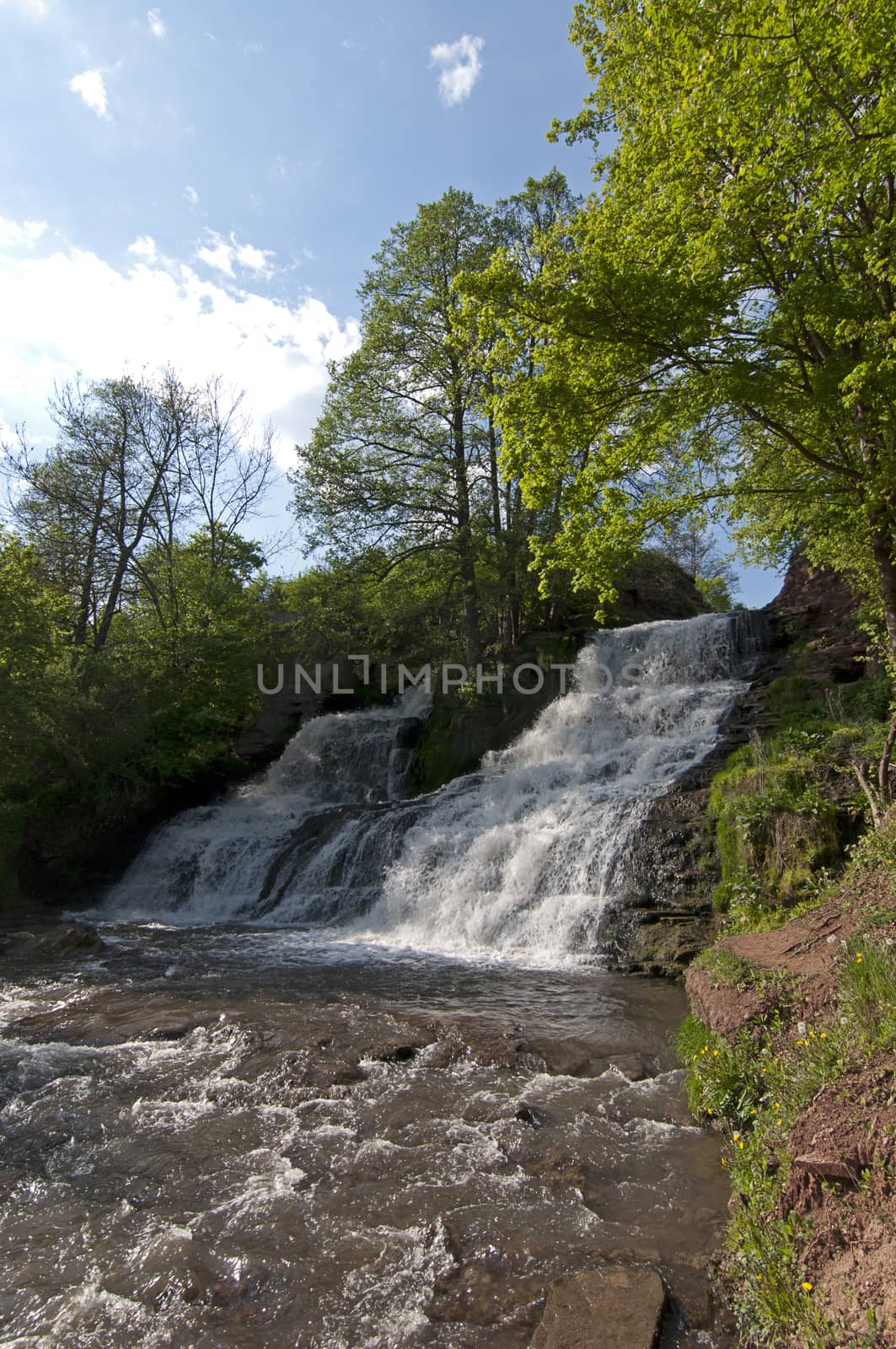 Powerful Dzhurynsky (Chervonohradsky) waterfall, Ternopil region, Ukraine