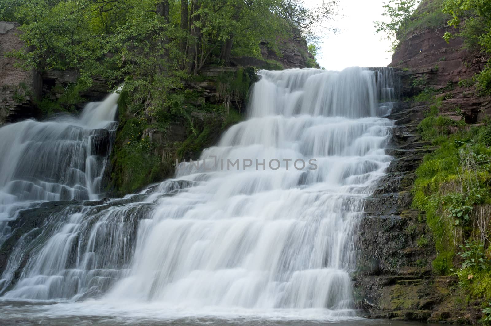 Powerful Dzhurynsky (Chervonohradsky) waterfall, Ternopil region, Ukraine