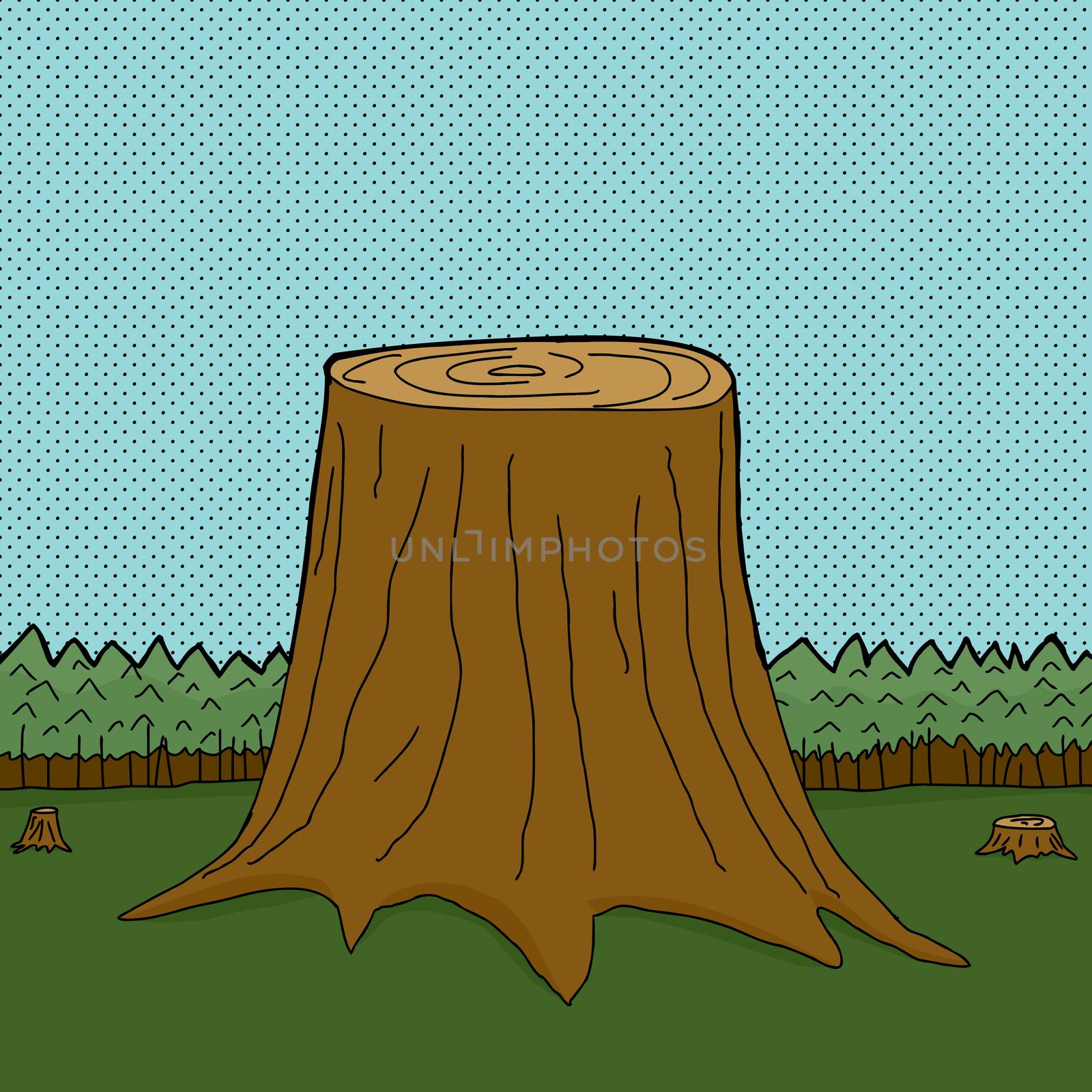 Three cut tree trunks in forest with halftone background