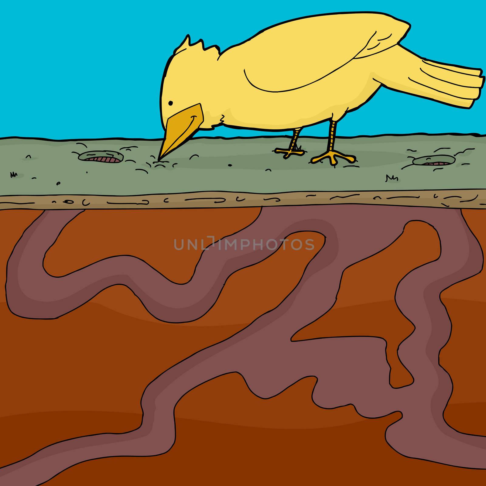 Yellow bird pecking ground with holes and tunnels