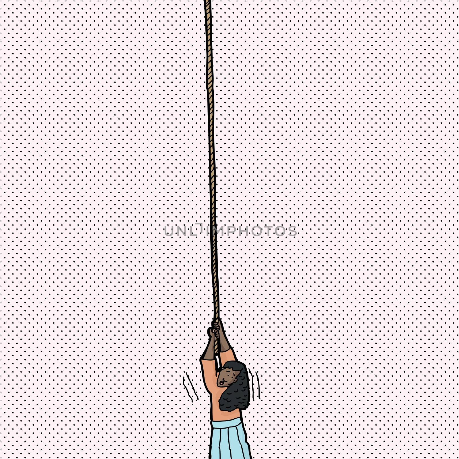 Helpless Indian woman holding on to end of rope