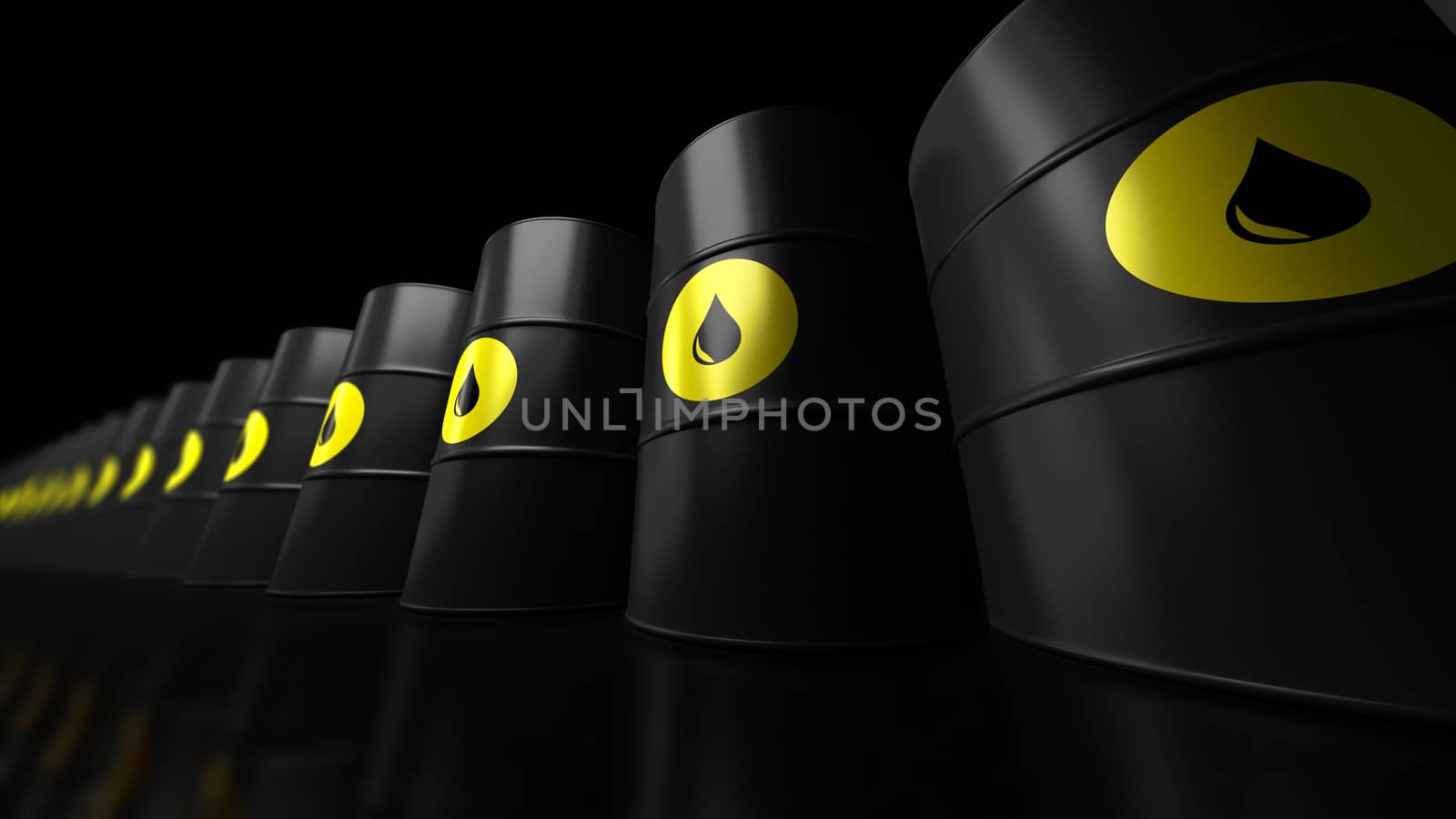 Oil Barrels on black background with reflection and Depth of field.