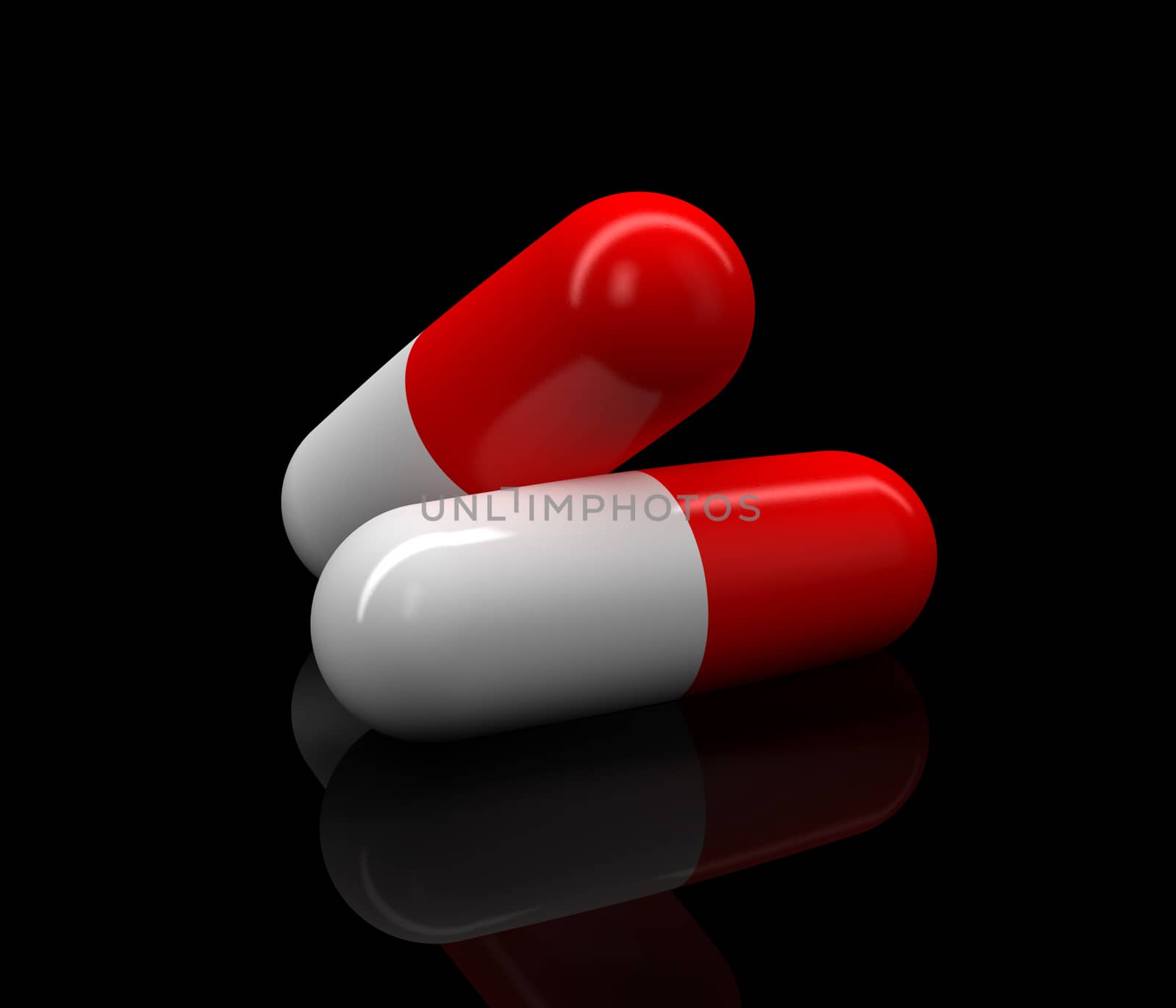 Two Medical pills. Isolated 3D render on a black background with reflection.
