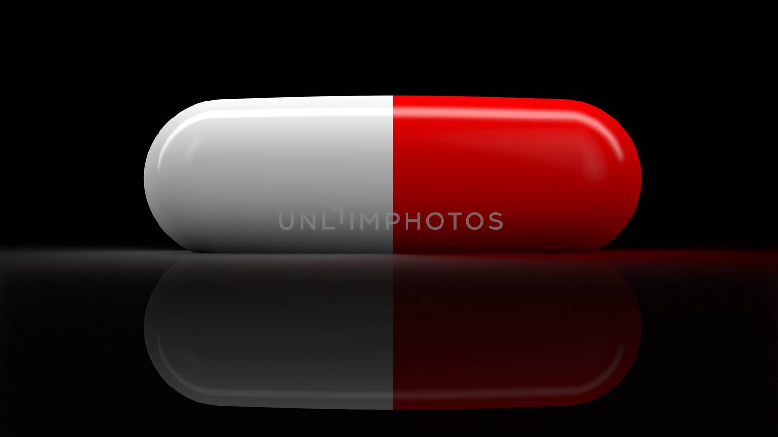 Medical pill. Isolated 3D render on a black background with reflection.